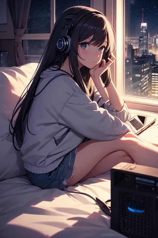 Girl listening to music in a cozy room at night, Use fones de ouvido, estilo anime 2d, eu entendi, hard disk, Ambiente Escuro、emo