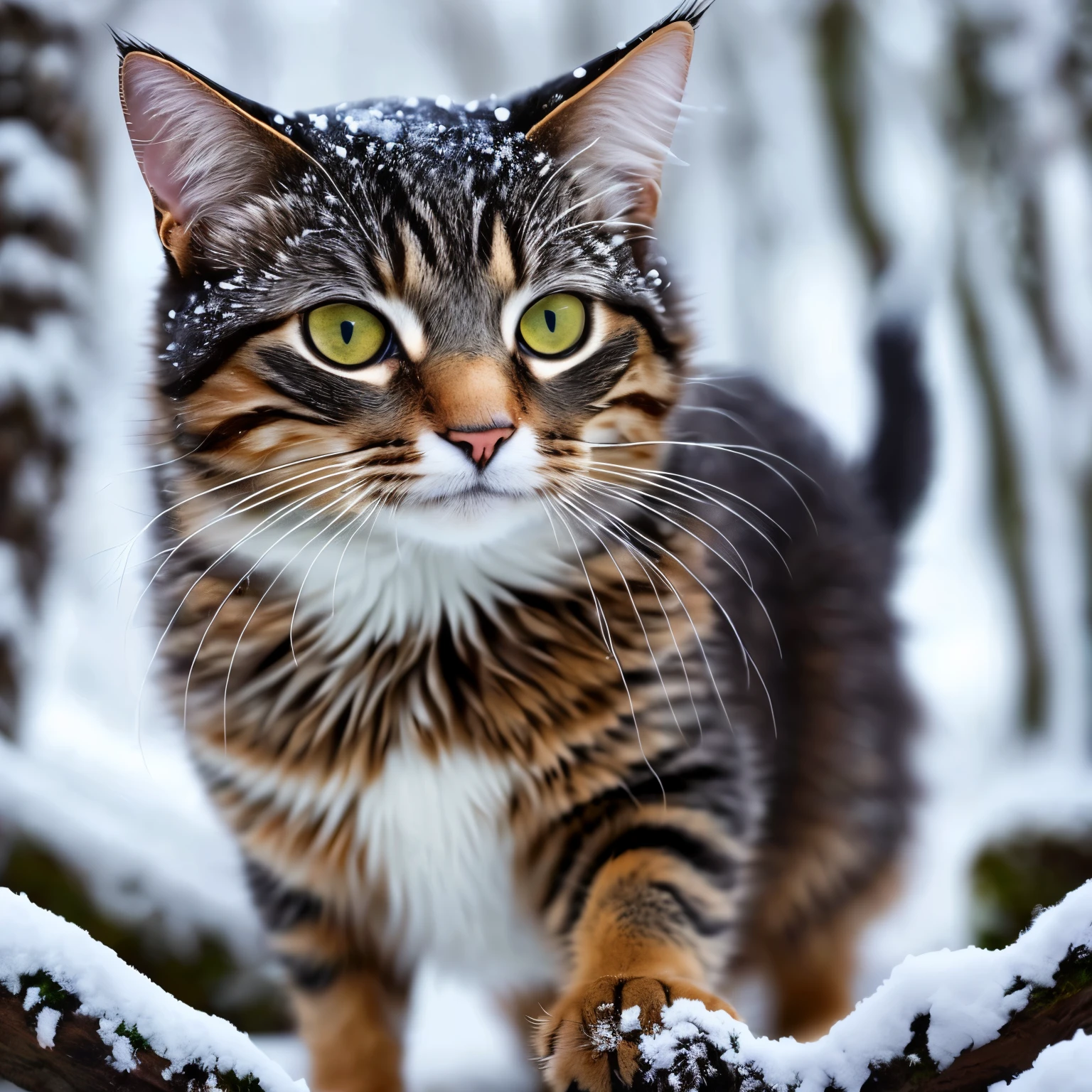 realistic pictures, masterpiece, surreal images, in the snow、A cat wears a coat his size to avoid getting wet, in the forest, blurred background, Cat Cute, cat looking at the snow, small snow, cat on the snow field.