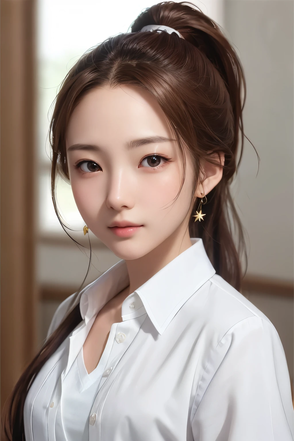 Super high resolution、masterpiece、highest quality、
highly detailed face、detailed eye、very complicated、、perfect shiny shiny skin、perfect lighting、detailed lighting、dramatic shadow、ray tracing、16 years old、
1 girl、ponytail hairstyle、Upper body、female doctor&#39;s coat、white shirt、looking at the viewer、(slight smile:0.4)