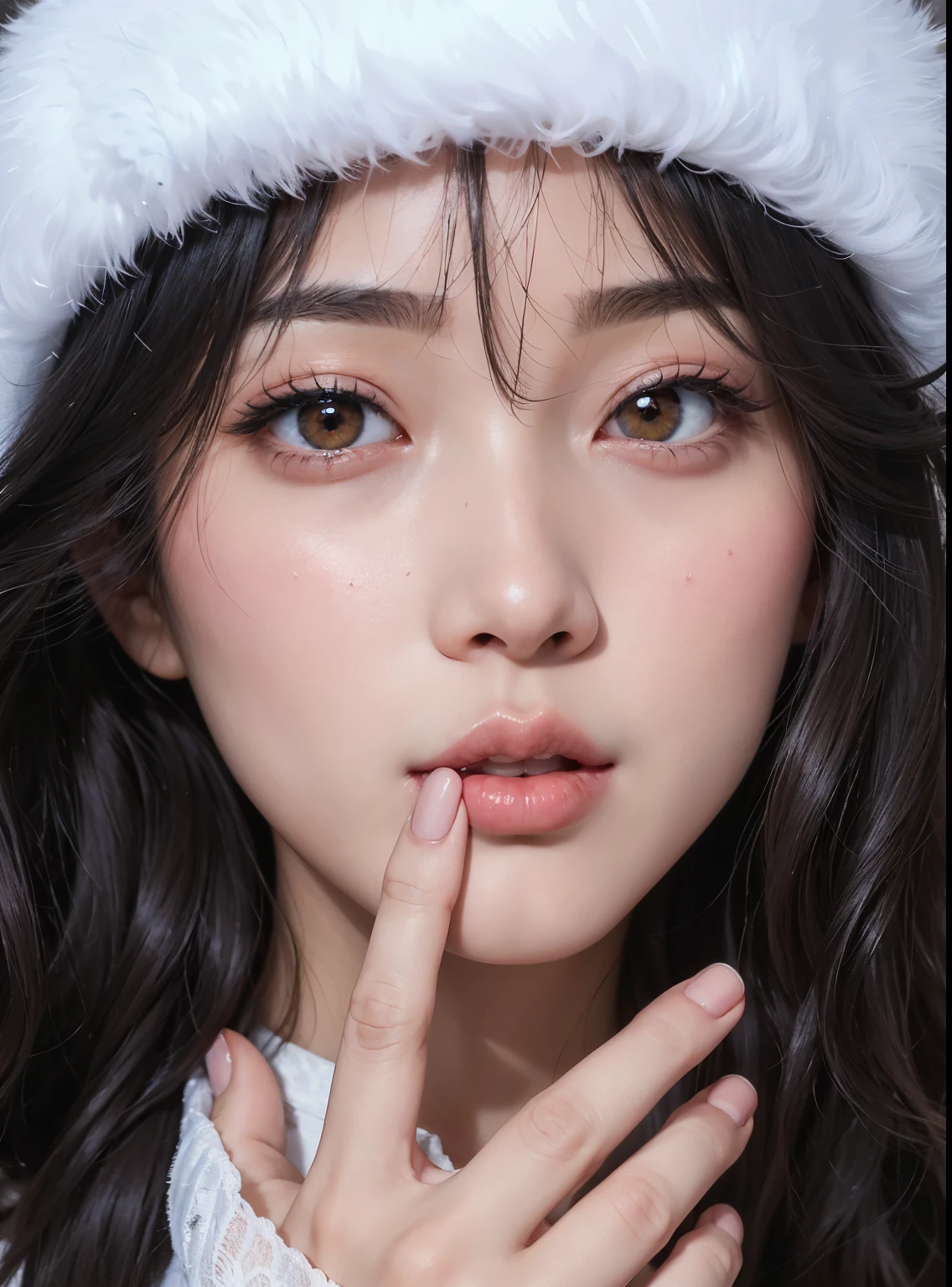 arafed woman with a white hat and a finger on her lips, popular south korean makeup, popular korean makeup, clear lips and high quality, clear cute face, ulzzang, young adorable korean face, beautiful aesthetic face, korean face features, small lips pointy nose, with round face, wan adorable korean face, pale thin lips