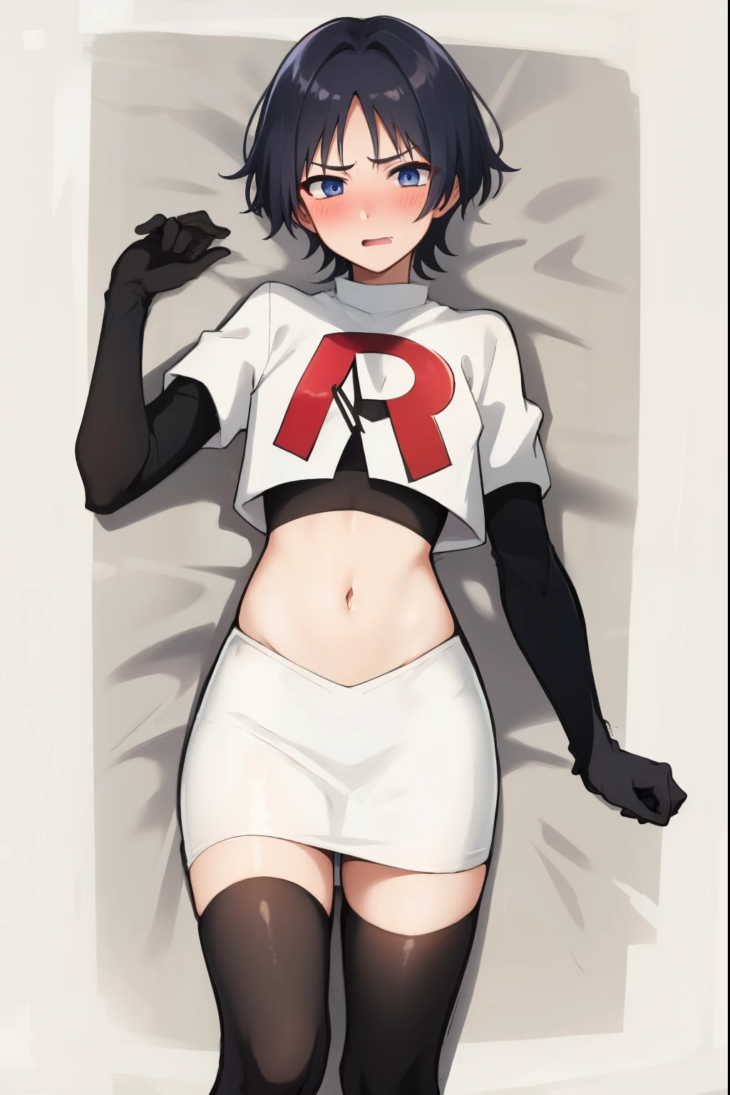 absurdres,masterpiece, trap, best quality, highres, high quality, 1boy, solo, male focus, hair, crossdressing,1boy,team rocket,team rocket uniform,white skirt,red letter R,crop top,black thigh-highs,black elbow gloves, embarrassed, blush