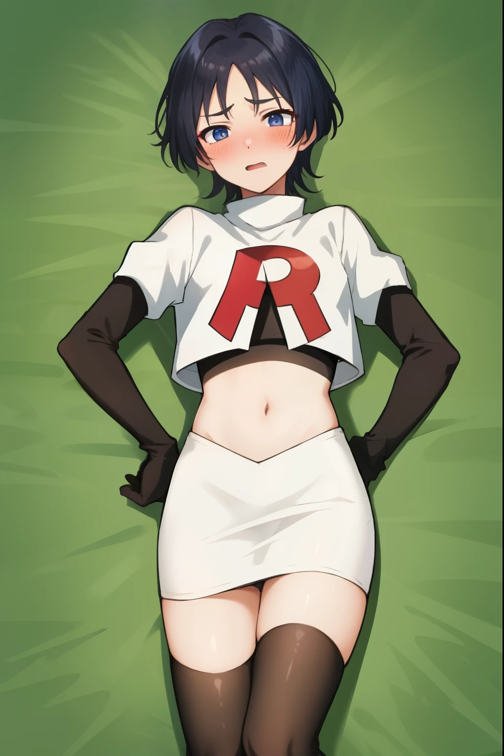 absurdres,masterpiece, trap, best quality, highres, high quality, 1boy, solo, male focus, hair, crossdressing,1boy,team rocket,team rocket uniform,white skirt,red letter R,crop top,black thigh-highs,black elbow gloves, embarrassed, blush