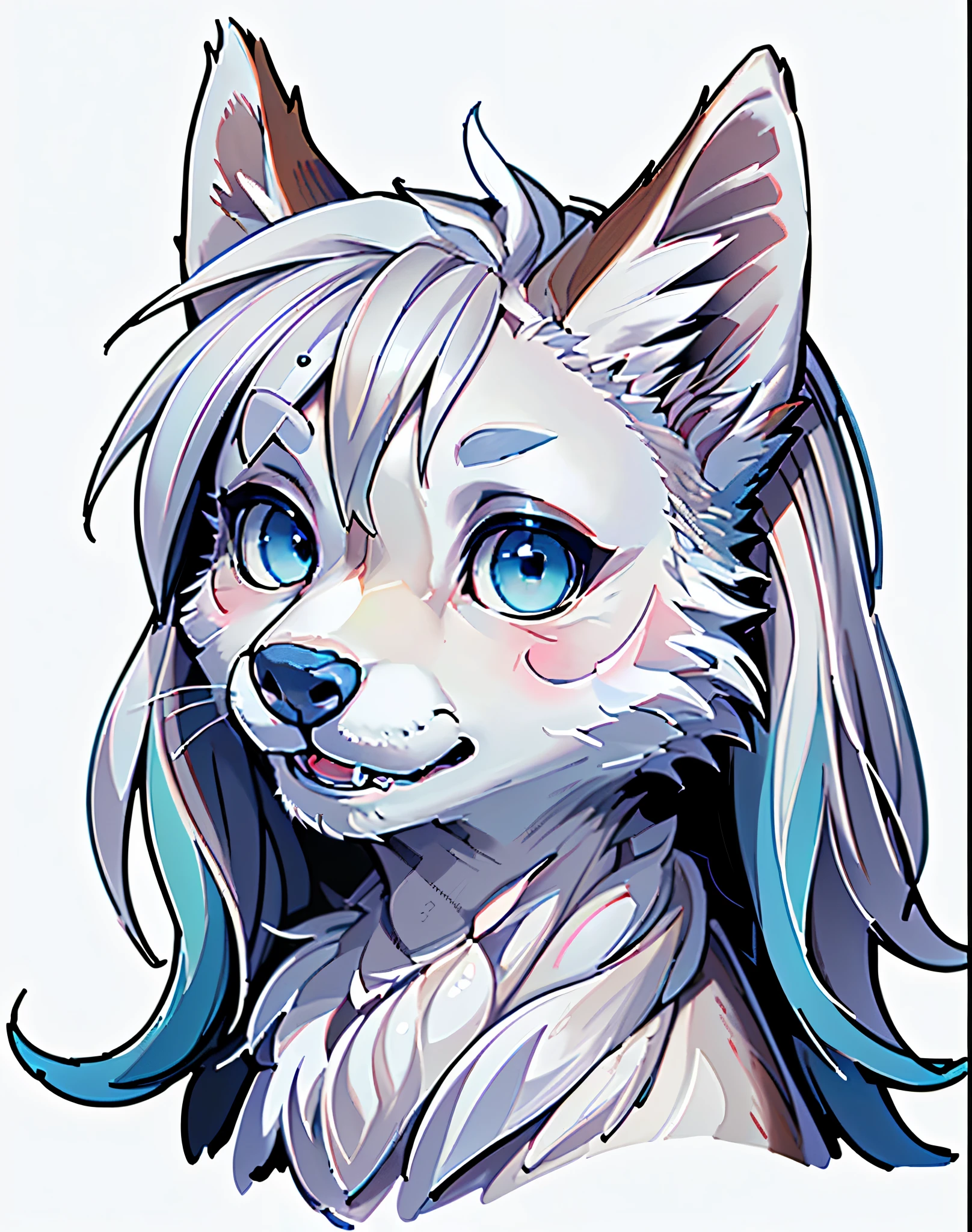 (best quality,4k,8k,highres,masterpiece:1.2),ultra-detailed,(realistic,photorealistic,photo-realistic:1.37),wolf,portrait,white fur,cute,feminine,playful,headshot,blue eyes,feral,furry art,cartoon,high quality