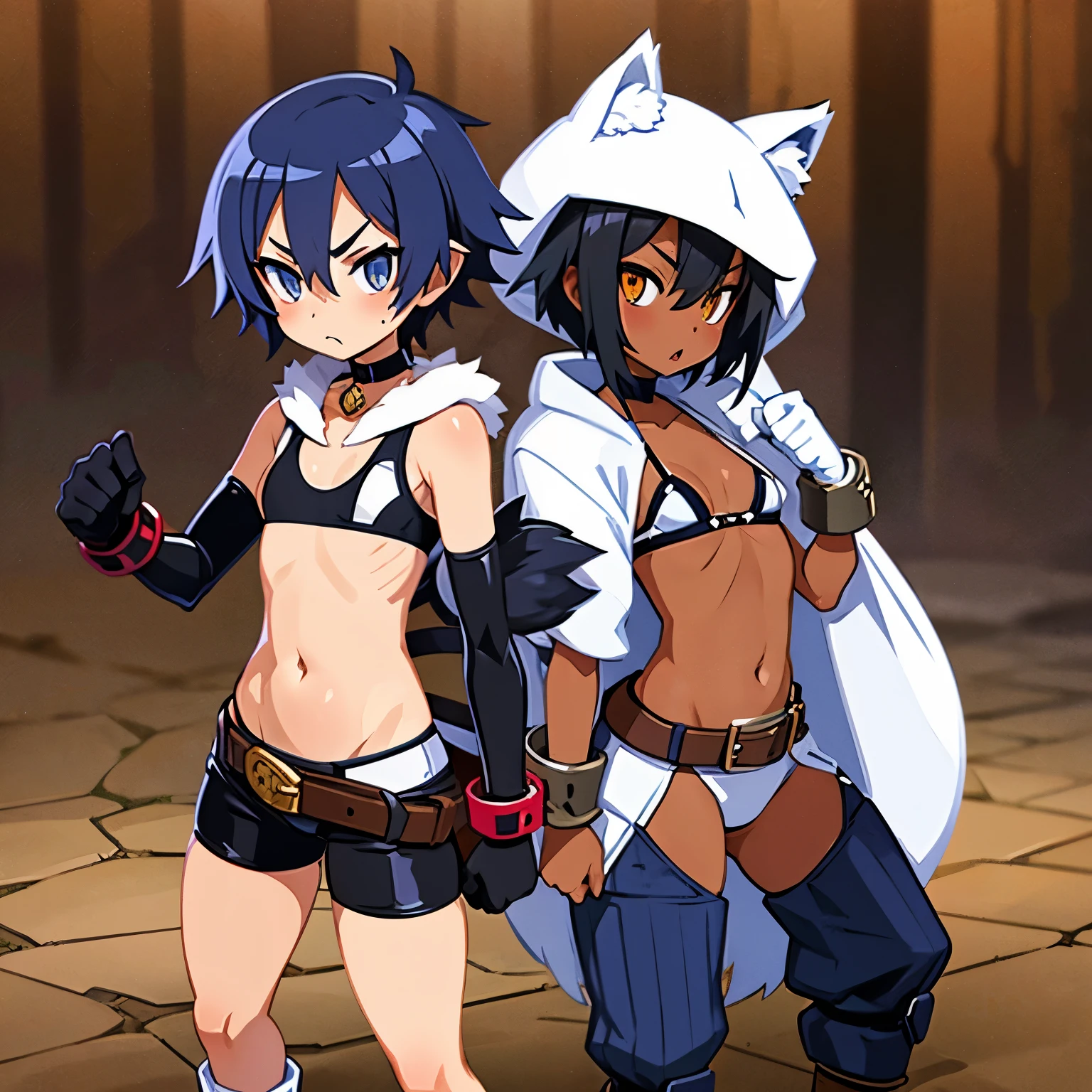 Dwarf, pygmy, slender, modest chest, moody, sharp eyes, slanted eyes, cat eyes, chestnut-like mouth, flushed cheeks, short messy blue hair, amber eyes, dark skin, sunburn marks, sports bra, spats, gloves, short boots, belt, choker, bandages wrapped around the body, white fur hood Ribs Navel Thighs Wolf Tail