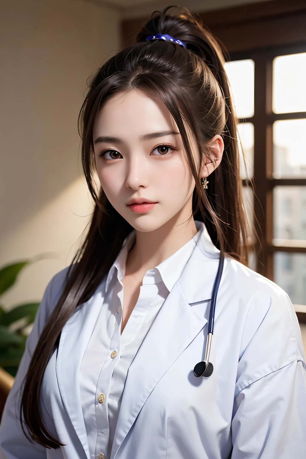 Super high resolution、masterpiece、highest quality、
highly detailed face、detailed eye、very complicated、、perfect shiny shiny skin、perfect lighting、detailed lighting、dramatic shadow、ray tracing、16 years old、
1 girl、ponytail hairstyle、Upper body、female doctor&#39;s coat、white shirt、looking at the viewer、(slight smile:0.4)