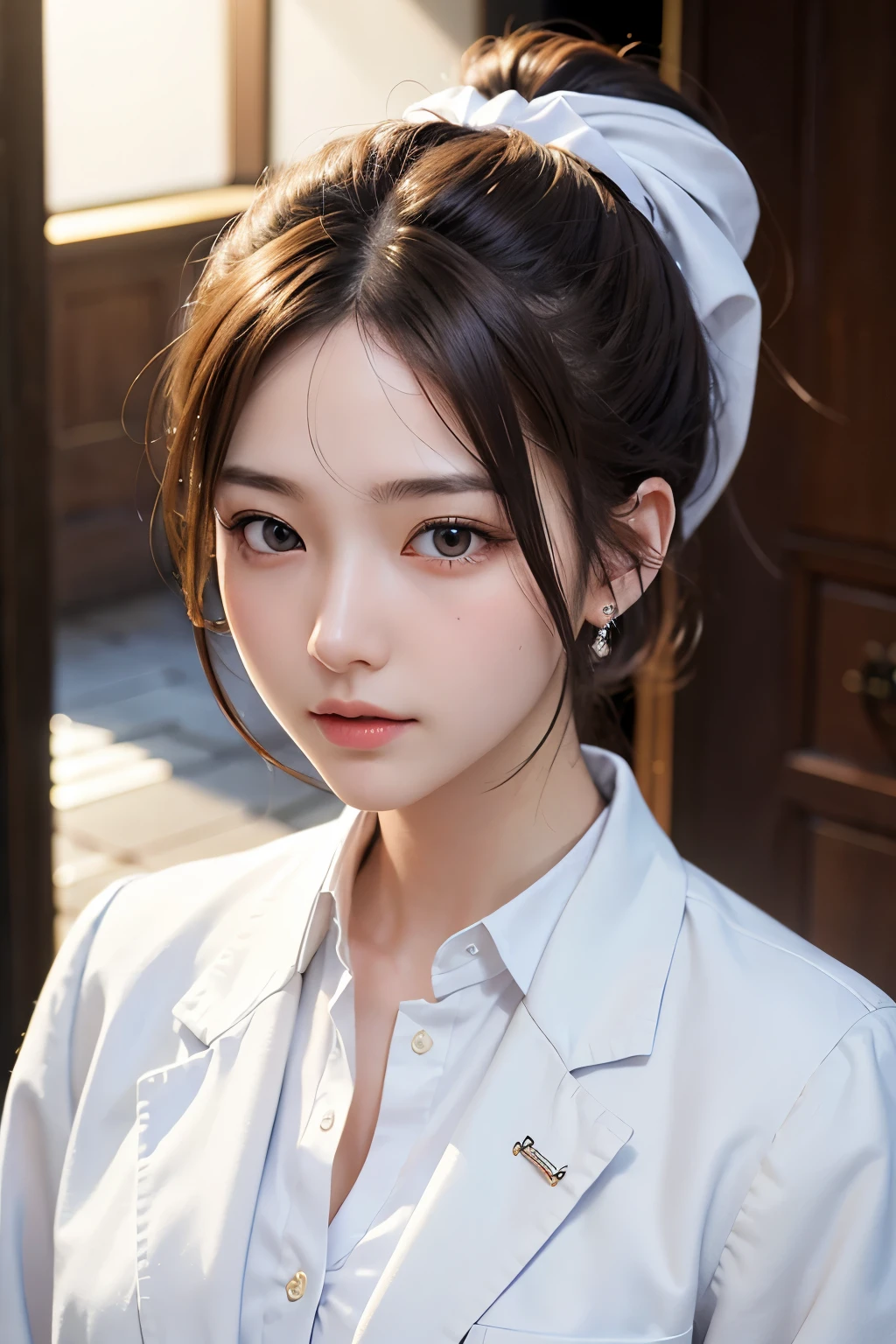 Super high resolution、masterpiece、highest quality、
highly detailed face、detailed eye、very complicated、、perfect shiny shiny skin、perfect lighting、detailed lighting、dramatic shadow、ray tracing、、
1 girl、ponytail hairstyle、Upper body、female doctor&#39;s coat、white shirt、looking at the viewer、(slight smile:0.4)