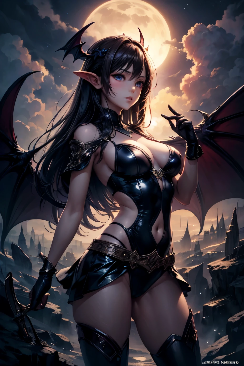 ((Top Quality)), ((Masterpiece)), (Details), Enchanting Succubus, Fantastic Beauty, Standing in the Sky, (Fantasy Illustration: 1.3), Seductive Gaze, Seductive Pose, Delicate Wings, Otherworldly charm, mysterious sky, moonlit night, soft colors, (detailed cloudscape: 1.3), (high resolution: 1.2), succubus