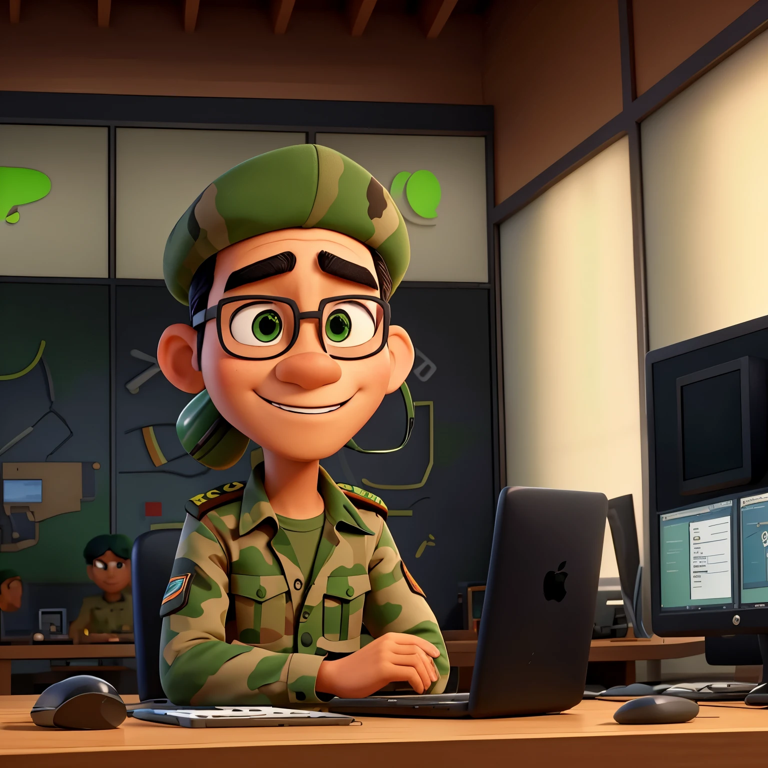 Please make a photo of a Pixar Disney design. A male Indonesian soldier wearing a camouflage shirt with a Green Beret with the Kostrad logo complete with a weapon is working as a computer programmer using an Apple brand laptop in the Cyber ​​Data Room, wearing earphones and sunglasses.