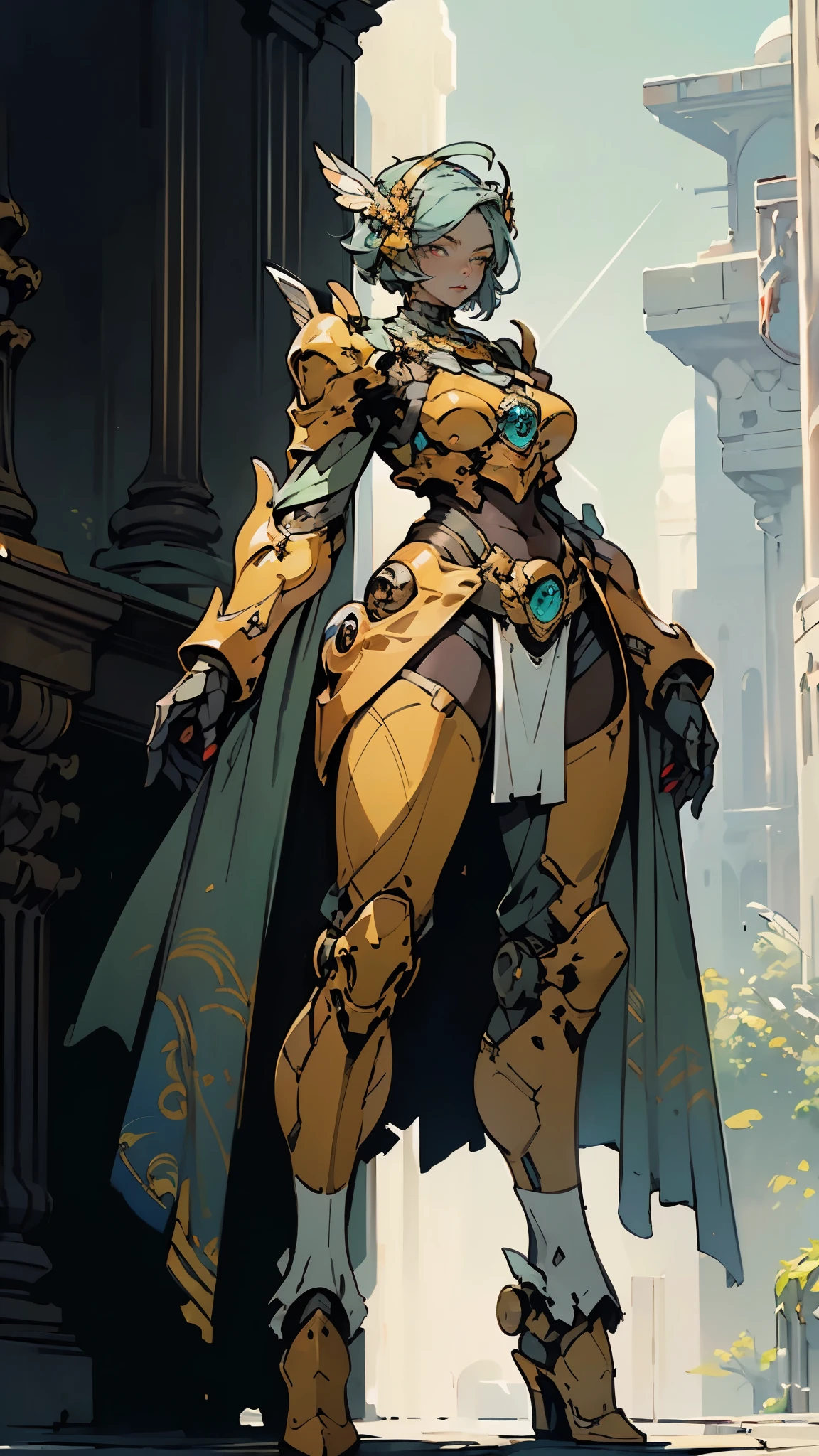 A woman adorned in fantasy-style full-body armor, a crown-concept fully enclosed helmet that unveils only her eyes, a composite layered chest plate, fully encompassing shoulder and hand guards, a lightweight waist armor, form-fitting shin guards, the overall design is heavy-duty yet flexible, (the armor gleams with a golden glow, complemented by red and blue accents), exhibiting a noble aura, she floats above a fantasy-surreal high-tech city, this character embodies a finely crafted fantasy-surreal style armored hero in anime style, exquisite and mature manga art style, (mixture of Queen bee and Spider concept Armor, plasma), ((Element, elegant, goddess, femminine:1.5)), metallic, high definition, best quality, highres, ultra-detailed, ultra-fine painting, extremely delicate, professional, anatomically correct, symmetrical face, extremely detailed eyes and face, high quality eyes, creativity, RAW photo, UHD, 32k, Natural light, cinematic lighting, masterpiece-anatomy-perfect, masterpiece:1.5