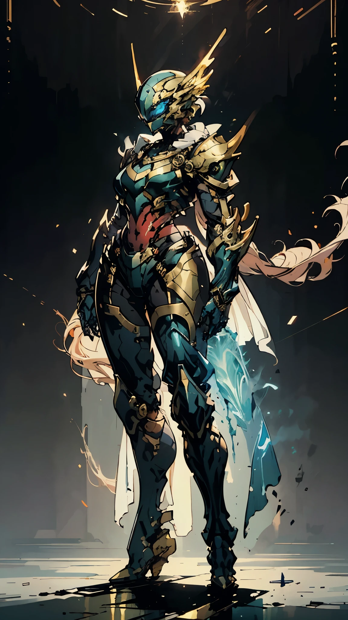 A woman adorned in fantasy-style full-body armor, a crown-concept fully enclosed helmet that unveils only her eyes, a composite layered chest plate, fully encompassing shoulder and hand guards, a lightweight waist armor, form-fitting shin guards, the overall design is heavy-duty yet flexible, (the armor gleams with a golden glow, complemented by red and blue accents), exhibiting a noble aura, she floats above a fantasy-surreal high-tech city, this character embodies a finely crafted fantasy-surreal style armored hero in anime style, exquisite and mature manga art style, (mixture of Queen bee and Spider concept Armor, plasma), ((Element, elegant, goddess, femminine:1.5)), metallic, high definition, best quality, highres, ultra-detailed, ultra-fine painting, extremely delicate, professional, anatomically correct, symmetrical face, extremely detailed eyes and face, high quality eyes, creativity, RAW photo, UHD, 32k, Natural light, cinematic lighting, masterpiece-anatomy-perfect, masterpiece:1.5