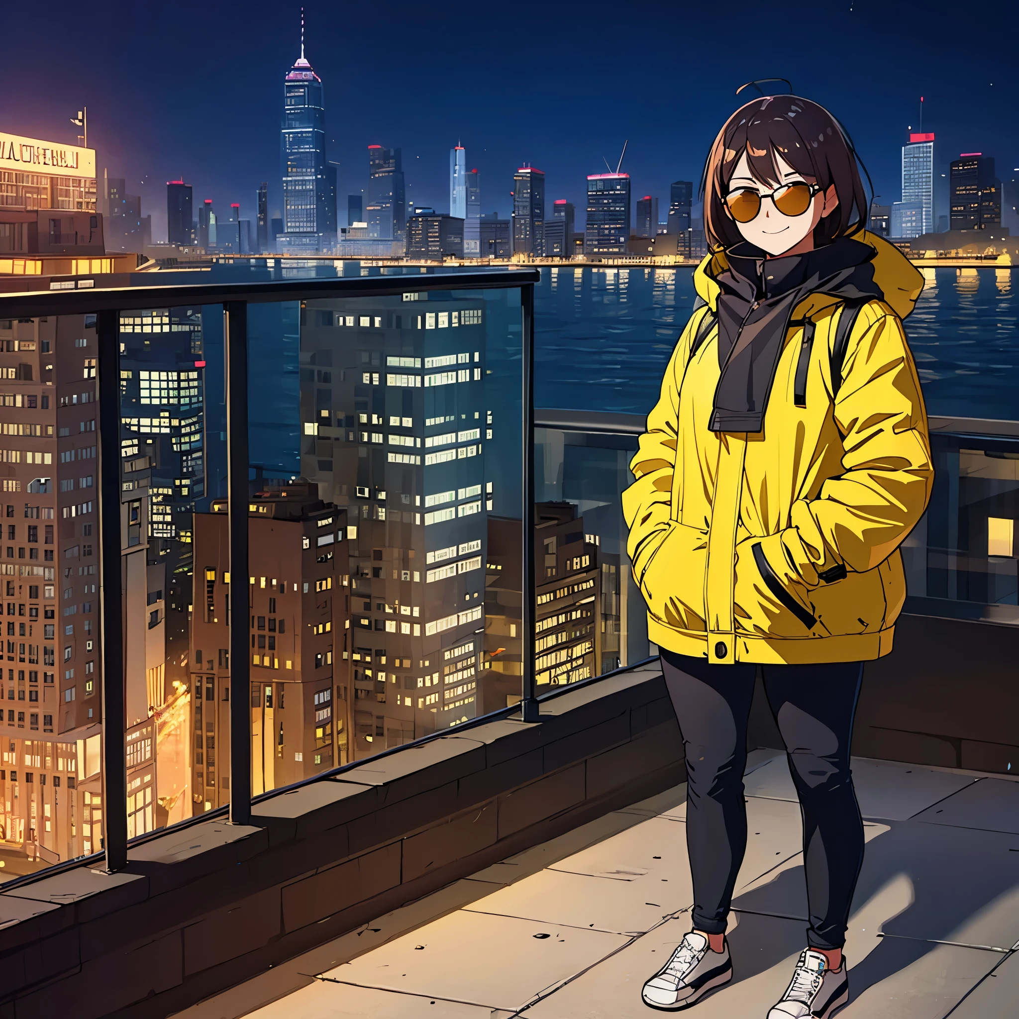 a woman in a big city with several buildings, warm clothing, sunglasses, eye yellow, at night
