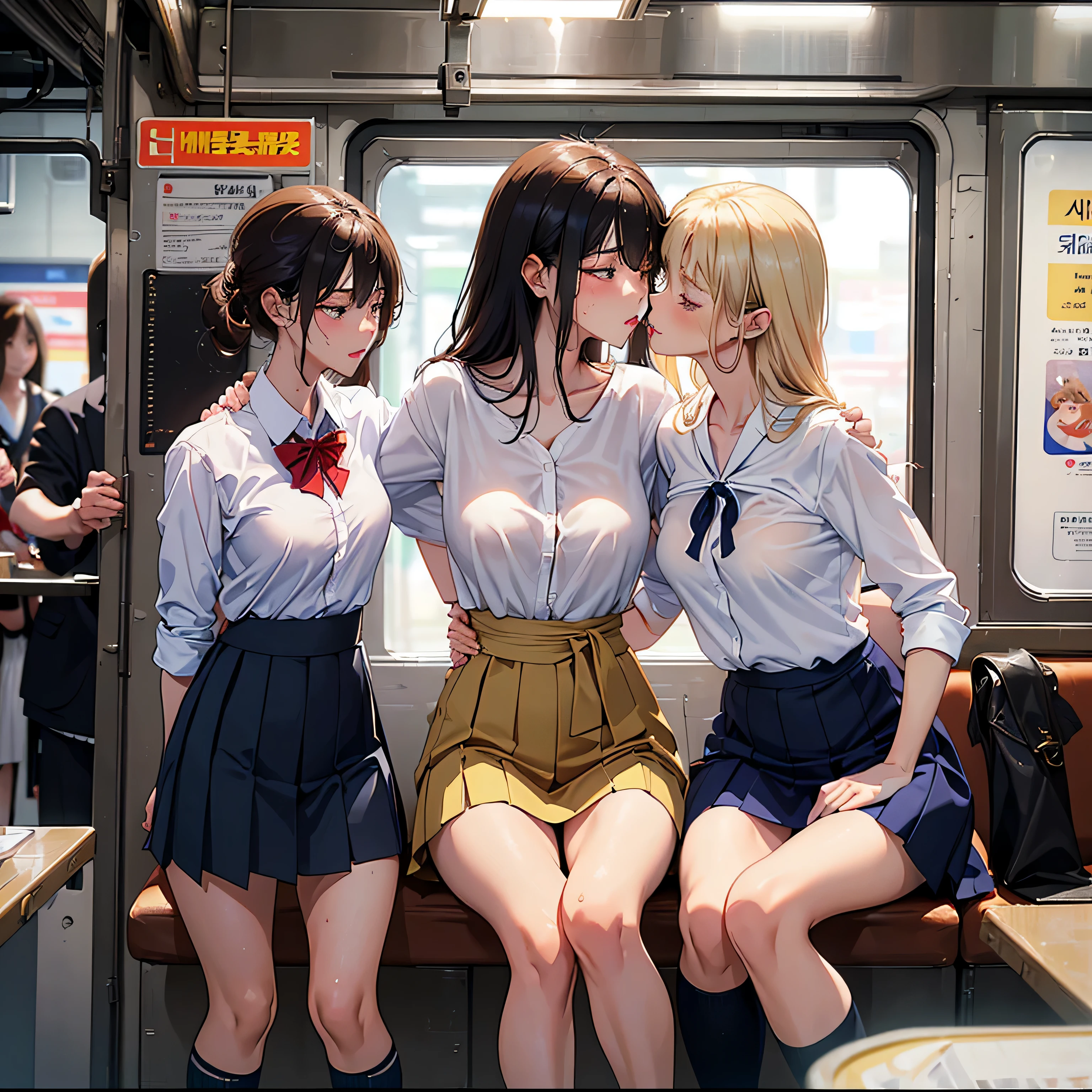 NSFW, photorealistic, top-quality, masterpiece, 4 Korean women , Korean female only, ABSOLUTELY NO MALE, absolutely no men, VERY crowded female only subway train interior detailed scenario, VERY crowded Korean female only subway train interior detailed background, standing insanely hot (woman 1) using sexy ((school uniform)), (((lifted skirt)), (thick thighs), (fear expression), blushed face, (woman 2) sexy young, blond hair, confused look, mature woman ass groping woman 1 from behind, woman 2 touches woman 1 vagina, young woman 2 caressing woman 1 legs, wet kiss, lesbian kiss,  saliva string from lips, deep kiss, tongue kiss, (((mature woman pressing her chest on woman 1 back))) and (((holding her waist behind her)))