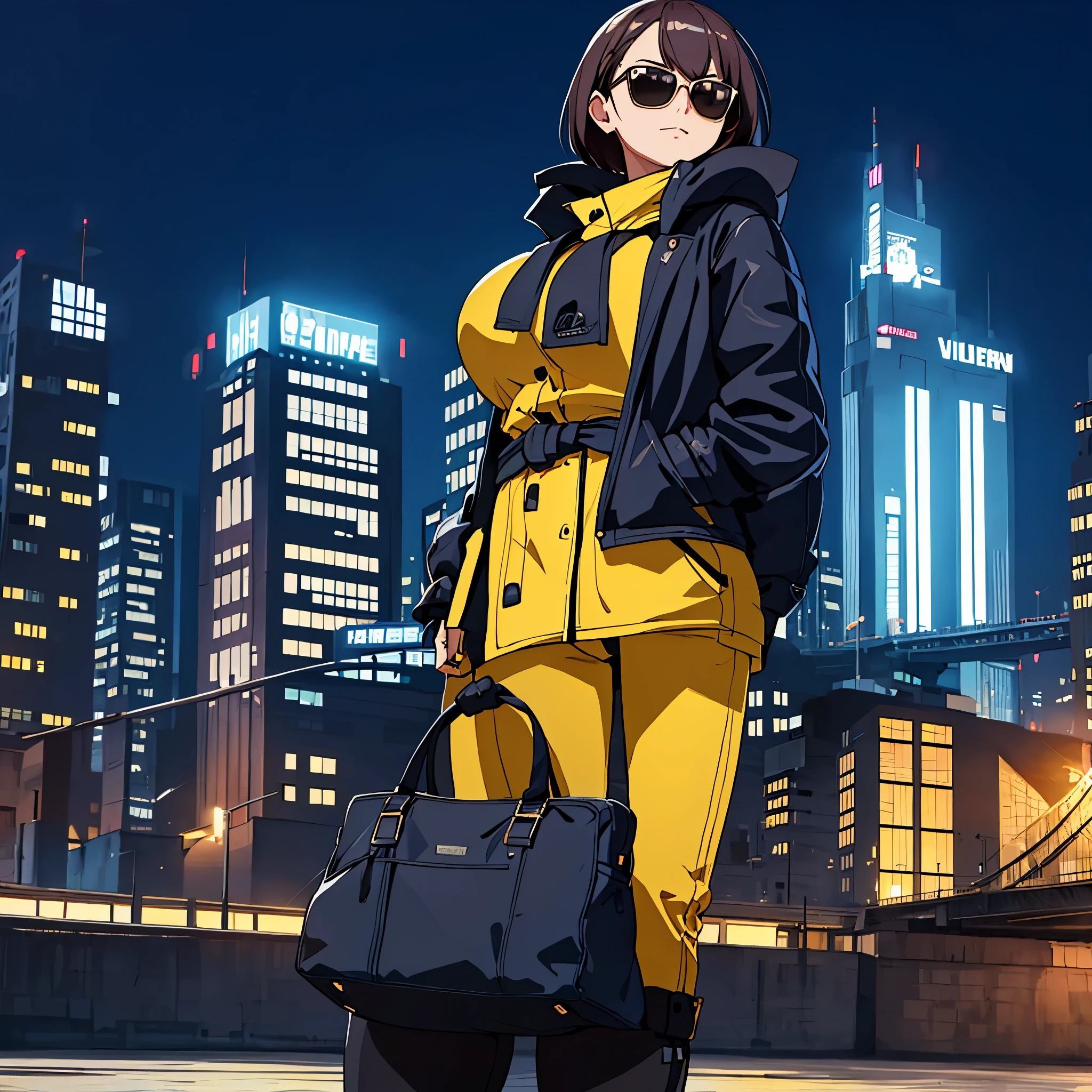 a woman in a big city with several buildings, warm clothing, sunglasses, eye yellow, at night
