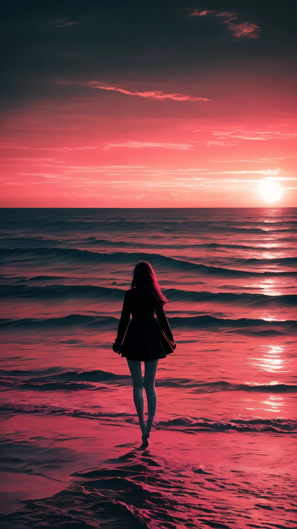 Film stills, ocean, sunset and pink lines by Byard Wu and Marc Simonetti and George Inness, monochrome artwork style, Felicia Simion, digital art technology light black and magenta, sparkling black and orange - Q2---S750--V 5.