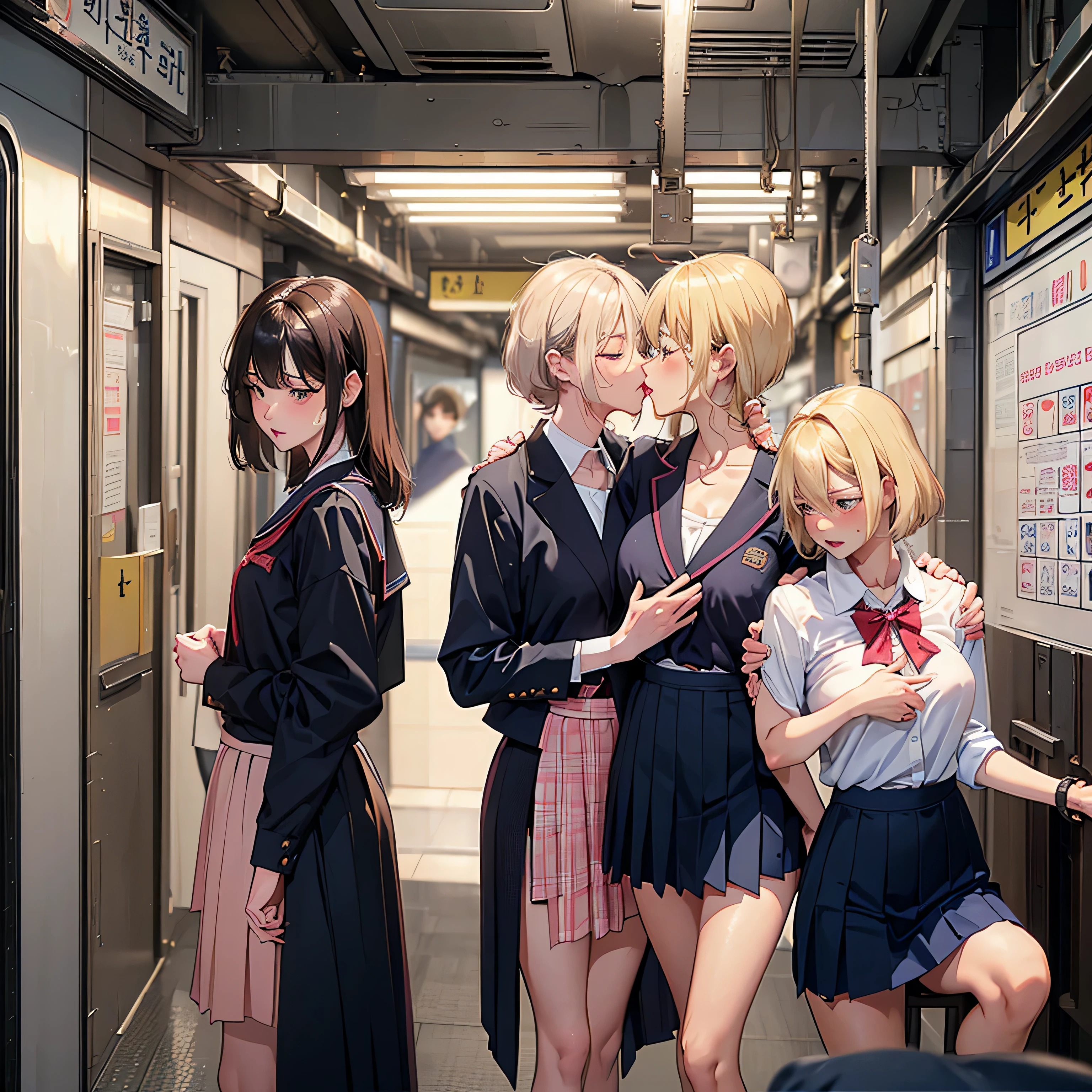 NSFW, photorealistic, top-quality, masterpiece, 4 Korean women , Korean female only, ABSOLUTELY NO MALE, absolutely no men, VERY crowded female only subway train interior detailed scenario, VERY crowded Korean female only subway train interior detailed background, standing insanely hot (woman 1) using sexy ((school uniform)), (((lifted skirt)), (thick thighs), (fear expression), blushed face, (woman 2) sexy young, blond hair, confused look, mature woman ass groping woman 1 from behind, woman 2 touches woman 1 vagina, young woman 2 caressing woman 1 legs, wet kiss, lesbian kiss, saliva string from lips, deep kiss, tongue kiss, (((mature woman pressing her chest on woman 1 back))) and (((holding her waist behind her)))