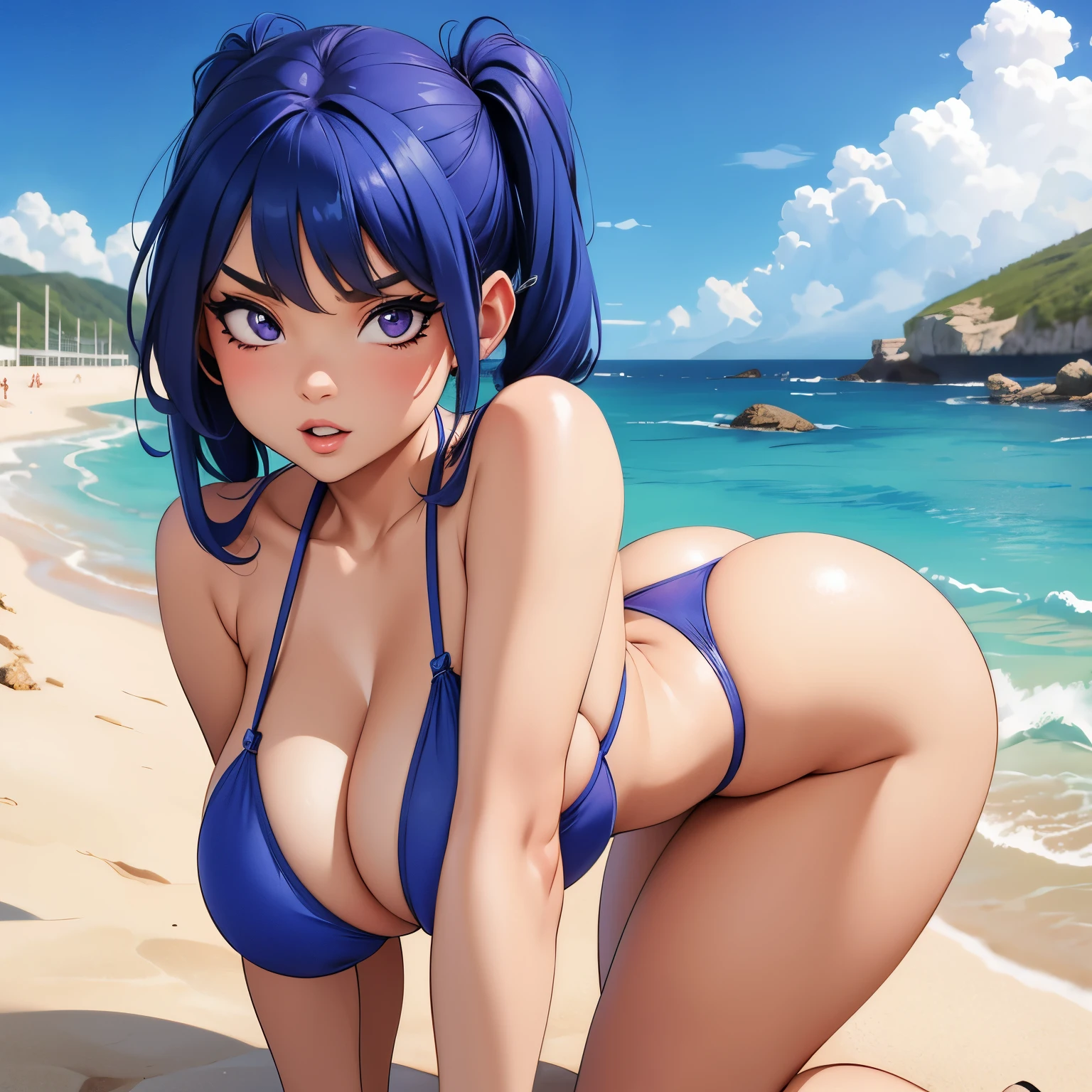 ((best quality)), ((masterpiece)), (detailed), solo, 1girl, perfect, perfect face, (gorgeous woman with blue bikini), blue hair, short pigtails, purple eyes, serious face, medium breast, short, slender, huge butt, by the beach,