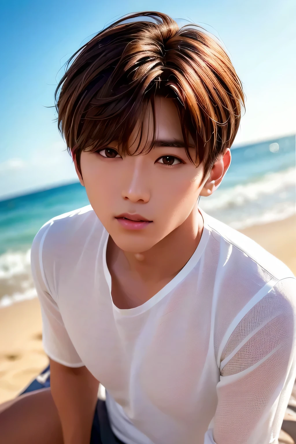 1 person、high quality，masterpiece，4k,、(brown hair)、long bangs、white shirt、 (tanned brown skin)、(head shot:1.34)、((low illumination ))、lying on the beach