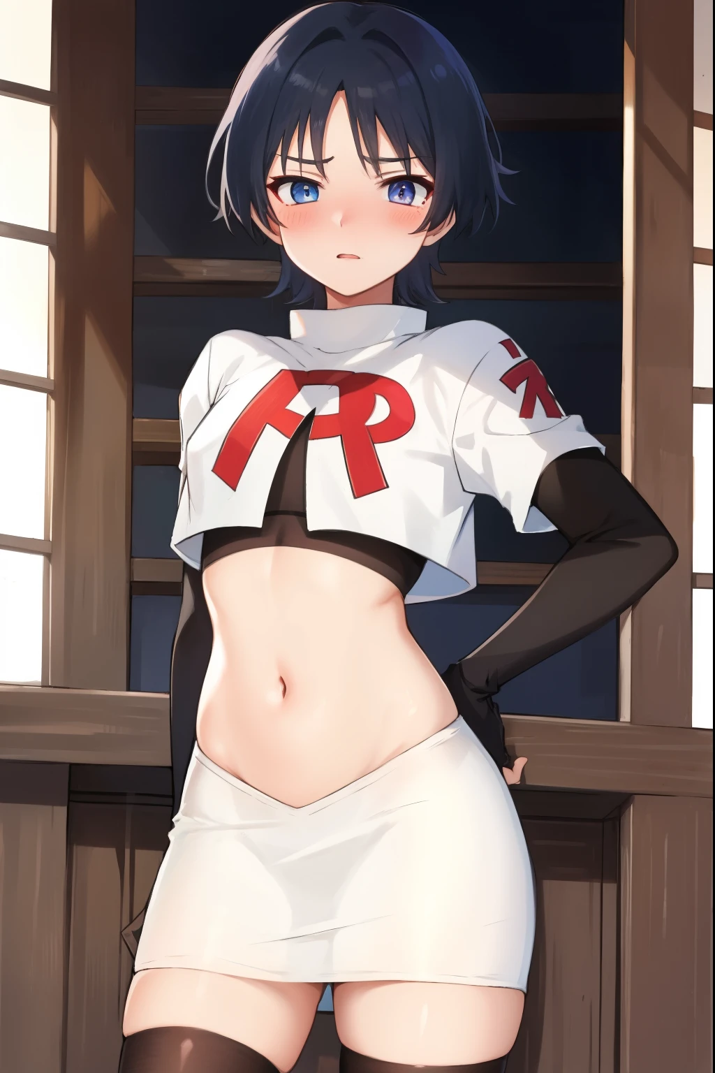 absurdres,masterpiece, trap, best quality, highres, high quality, 1boy, solo, male focus, hair, crossdressing,1boy,team rocket,team rocket uniform,white skirt,red letter R,crop top,black thigh-highs,black elbow gloves, embarrassed, blush