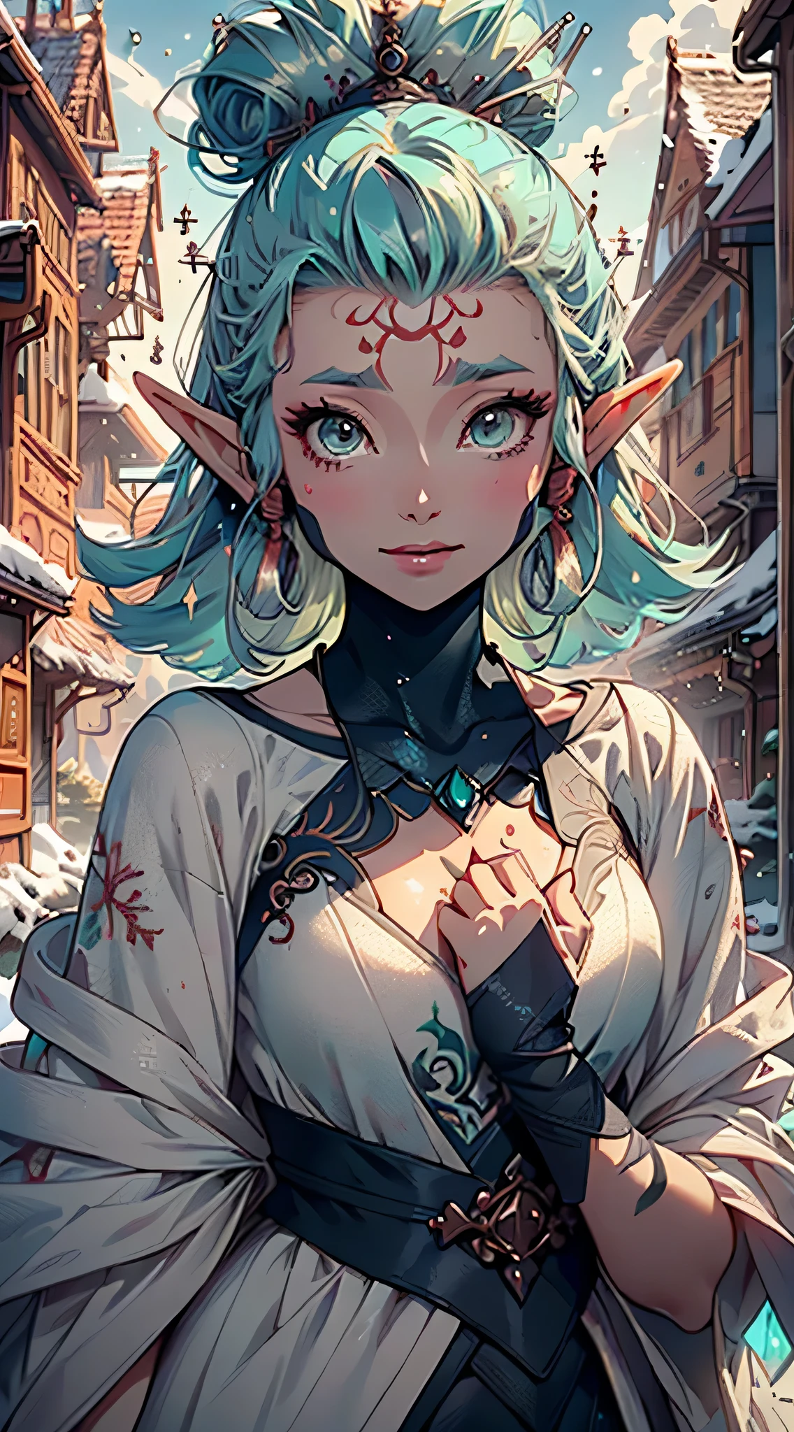 cute elf,(((little ,tiny little body,little))),(((6 years old))),((anime elf with extremely cute and beautiful aqua hair)), (((elf,elf ears))), ((lesbian,yuri)),(((flat chest))),((((aqua hair:1.35,undercut aqua hair,colored inner hair,ear breathing)))),(((aqua_eyes:1.3))),intricate eyes,beautiful detailed eyes,symmetrical eyes,big eyes:1.5,(((dark skin,dark_skin,lustrous skin:1.5,bright skin: 1.5,skin tanned,shiny skin,very shiny skin,shiny body,plastic glitter skin,exaggerated shiny skin,illuminated skin))),(,detailed body,(detailed face)), cute,slutty,erotic,daring,(((nsfw))), zettai ryouiki,revealing clothing,show skin,(((Sexy aqua fur coat, aqua fur coat outfit, wearing a ice dress:1.3,aqua winter coat))), ((ice dress,elegant ice dress)),(white gloves,white clothes,(((intricate outfit,intricate clothes,embroidered outfit,ornate outfit,embroidered clothes,ornate clothes))), (dynamic pose:1.0),embarrassed,(centered,scale to fit dimensions,Rule of thirds), ((snowy pine forest at night)), with dark stormy clouds,winter,scenery:1.25,((snow forest background)),Christmas tree, highres,sharp focus,(ultra detailed,extremely detailed),(photorealistic artwork:1.37),(extremely detailed CG unity 8k wallpaper),(((vibrant colors,vibrant theme))),(intricate),(masterpiece),(best quality), Paya, smiling,