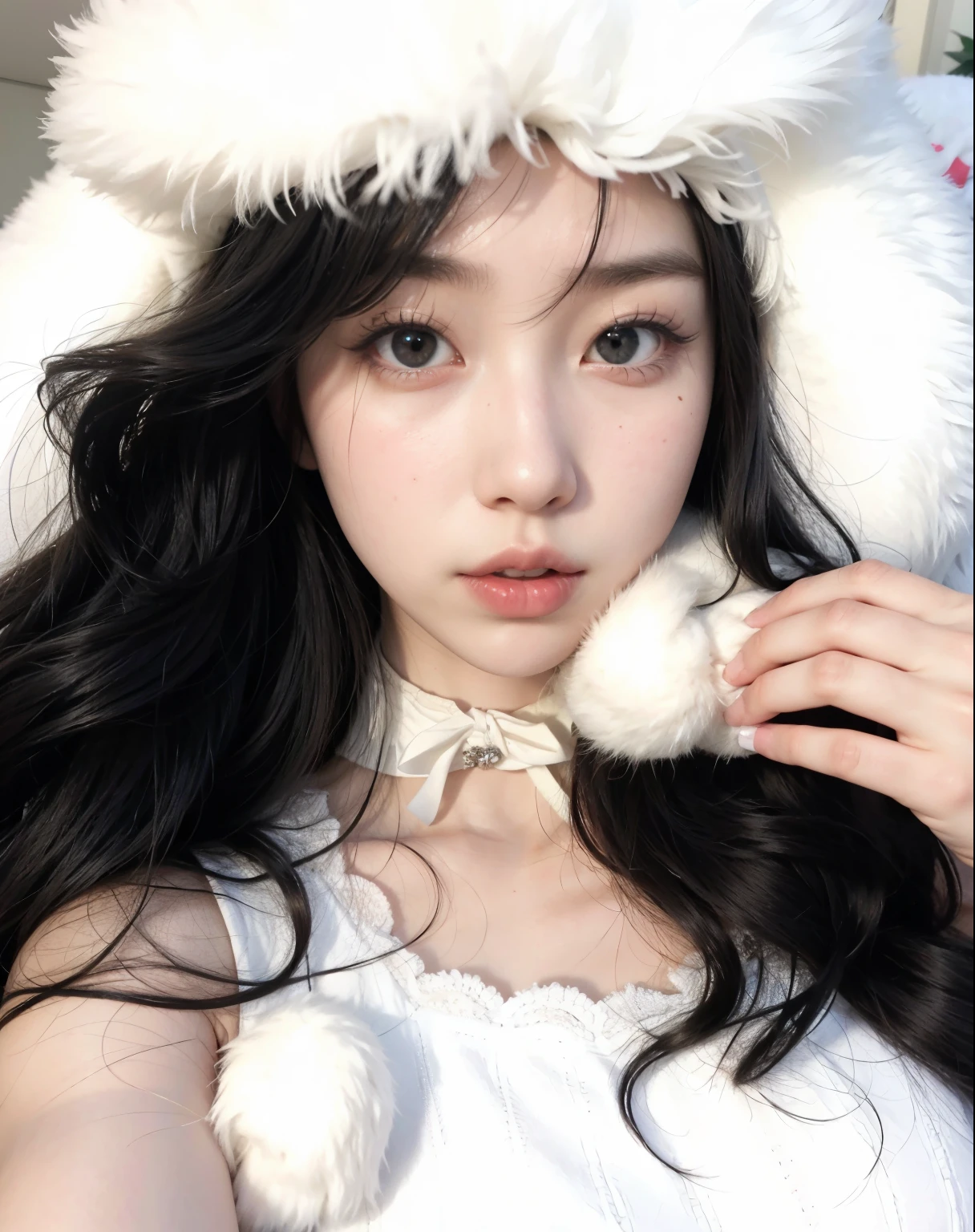 araffe girl with long black hair wearing a white hat and a white dress, ulzzang, pale snow white skin, wan adorable korean face, young adorable korean face, kawaii realistic portrait, pale milky white porcelain skin, popular south korean makeup, pale porcelain white skin, young cute wan asian face, korean girl, cruel korean goth girl, popular korean makeup