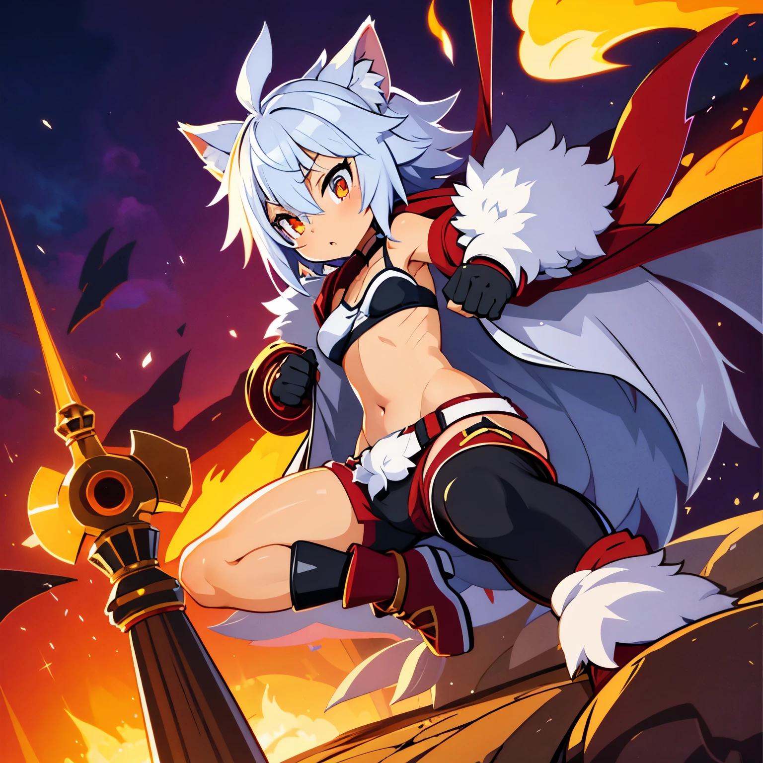 Dwarf Pygmy Slender Grumpy Sharp eyes Slanted eyes Cat eyes Triangular mouth Red cheeks Short messy blue hair Amber eyes Dark skin Sunburn marks Sports bra Hot pants Choker Gloves Short boots Belt White fur hood Loincloth Fur Wolf&#39;s tail Ribs Belly button Thighs Sharp Eye Assassination Weapon