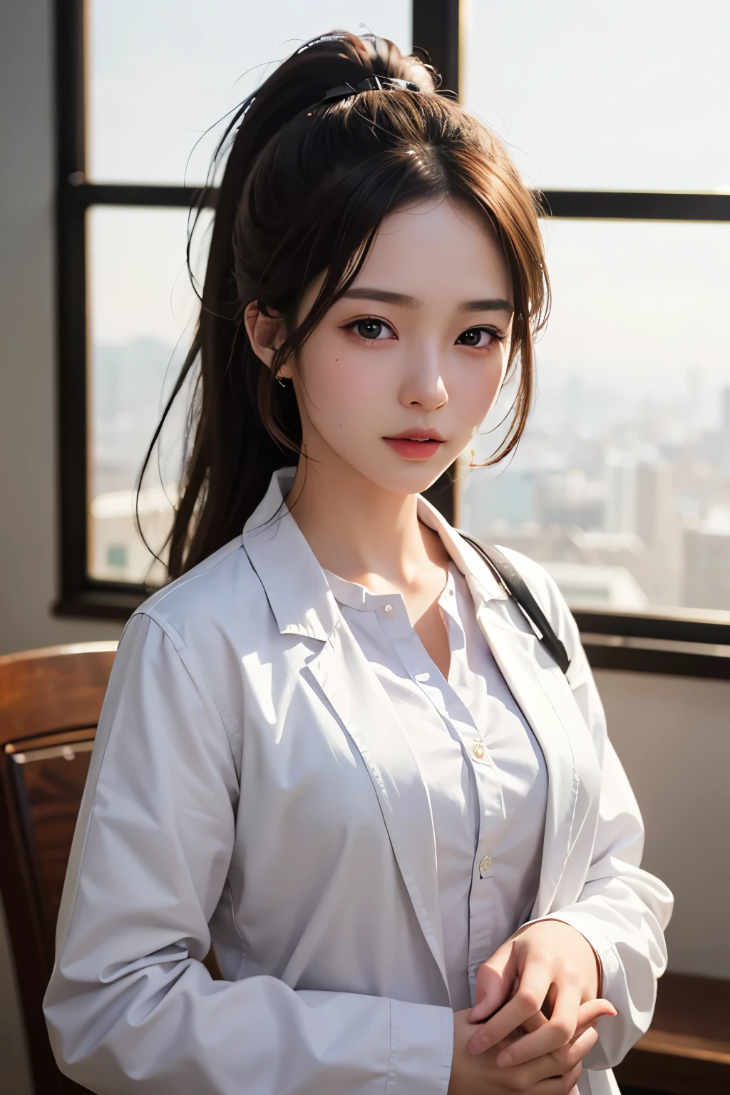 Super high resolution、masterpiece、highest quality、
highly detailed face、detailed eye、very complicated、、perfect shiny shiny skin、perfect lighting、detailed lighting、dramatic shadow、ray tracing、、
1 girl、ponytail hairstyle、Upper body、female doctor&#39;s coat、white shirt、looking at the viewer、(slight smile:0.4)