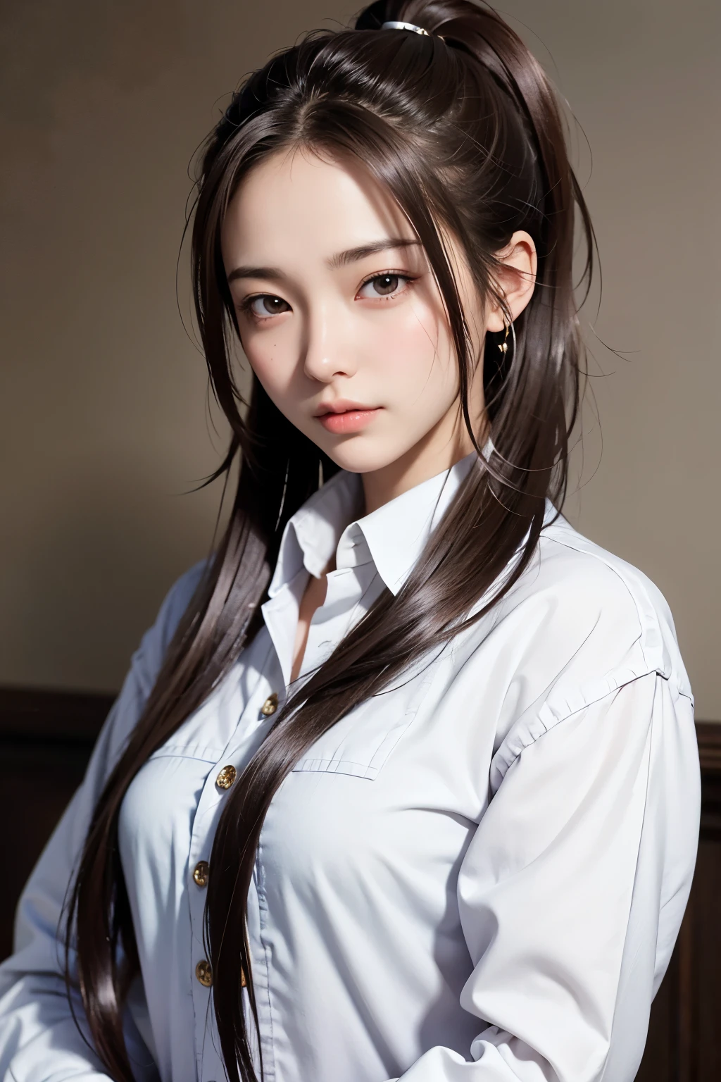 Super high resolution、masterpiece、highest quality、
highly detailed face、detailed eye、very complicated、、perfect shiny shiny skin、perfect lighting、detailed lighting、dramatic shadow、ray tracing、16 years old、
1 girl、ponytail hairstyle、Upper body、female doctor&#39;s coat、white shirt、looking at the viewer、(slight smile:0.4)