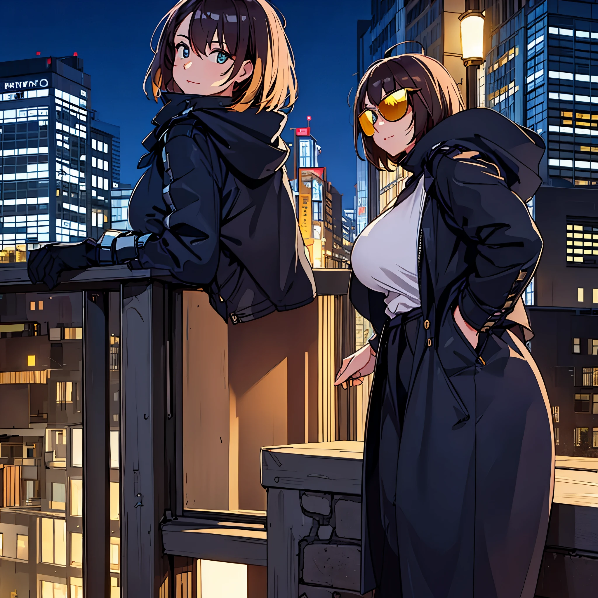 a woman in a big city with several buildings, warm clothing, sunglasses, eye yellow, at night
