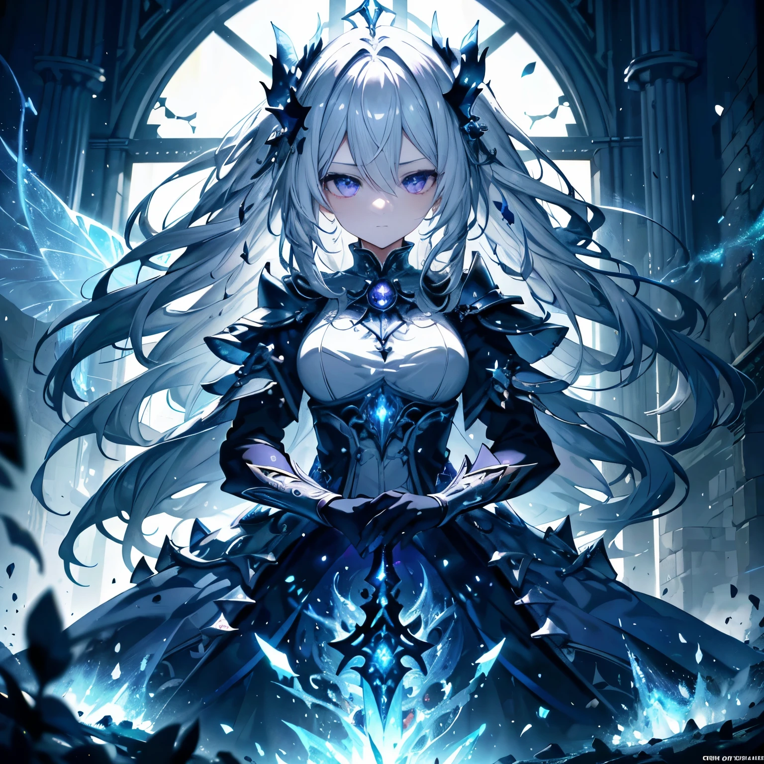 (highest quality, masterpiece, Super detailed, very detailed, exquisite, 16k,Full HD), Castles with Gothic architecture, fight,luxury decoration,sad,(Hold a sword in your right hand),(Use your left hand to cast blue flame magic.),giant transparent fairy wings,(fairy knight princess, purple eyes, Big eyes, white skin, expensive, slim, thin and long),(decided, gone crazy, serious expression), gray hair, (fantasy, romantic atmosphere), magical armor, realistic, ,(medium shot), Front view, ((Symmetrical configuration)), shine, (dramatic lighting), (cinematic lighting), (volume lighting), (dynamic lighting), (architectural photography)