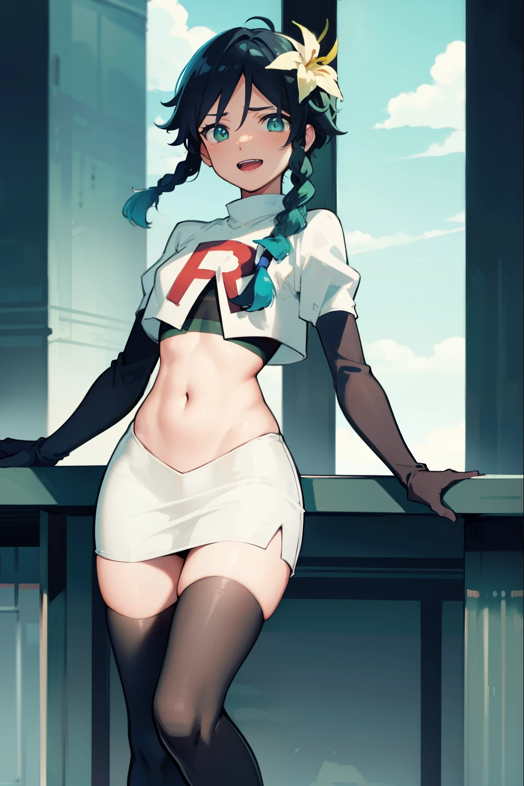 absurdres,venti,1boy, male focus, trap,black hair, green-blue hair, hair braid,hair flower,aqua green eyes,crossdressing,1boy,team rocket,team rocket uniform,white skirt,red letter R,crop top,black thigh-highs,black elbow gloves, laughing,happy, blush