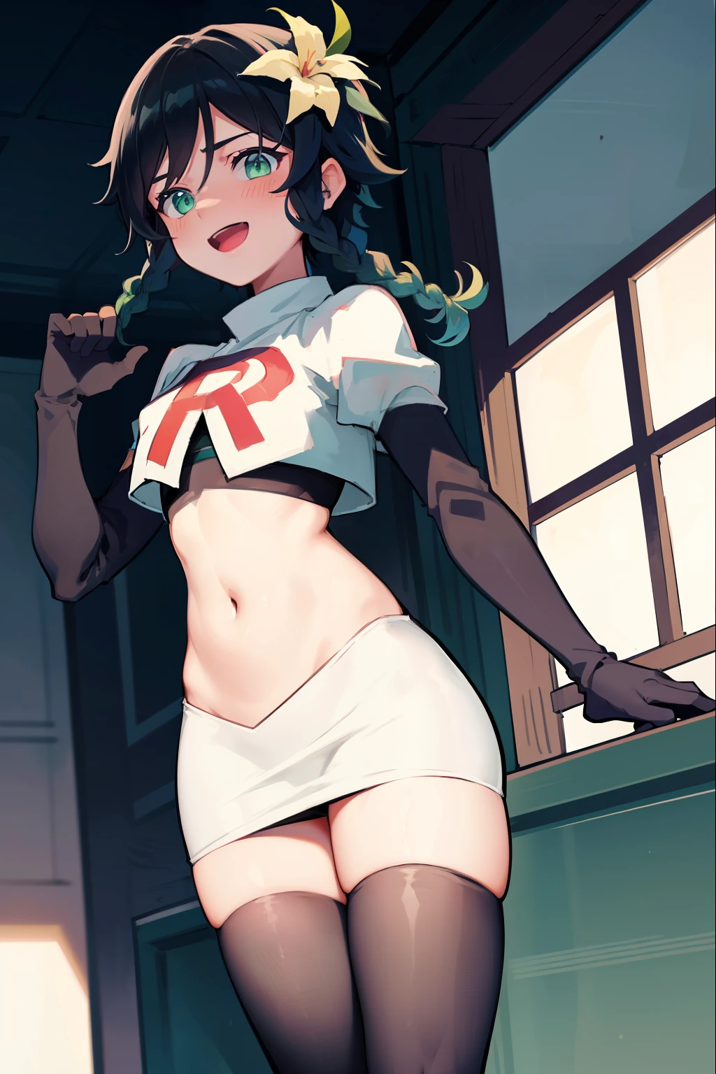 absurdres,venti,1boy, male focus, trap,black hair, green-blue hair, hair braid,hair flower,aqua green eyes,crossdressing,1boy,team rocket,team rocket uniform,white skirt,red letter R,crop top,black thigh-highs,black elbow gloves, laughing,happy, blush
