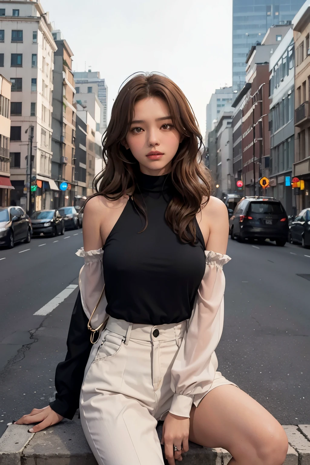 A woman with สีชมพู (chestnut brown) hair and a Black highest sits alone on a city street, with a traffic light acting as a backdrop. The image is that of a solo 1 girl, with only her smooth shoulders exposed, as she wears a Black-collared blouse. Her medium bust is accentuated by the decorexistions of her clothing. In the background, a bridge connects to a building, with the cityscape looming above, consisting of crops_Highest (tall buildings) adorned with decorative lighting.

She gazes out at the audience with a look of contemplation or indifference, her long chestnut hair