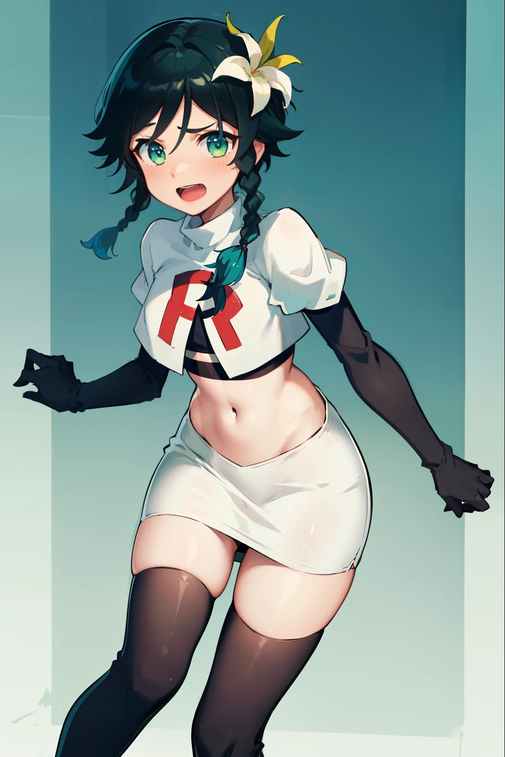 absurdres,venti,1boy, male focus, trap,black hair, green-blue hair, hair braid,hair flower,aqua green eyes,crossdressing,1boy,team rocket,team rocket uniform,white skirt,red letter R,crop top,black thigh-highs,black elbow gloves, laughing,happy, blush