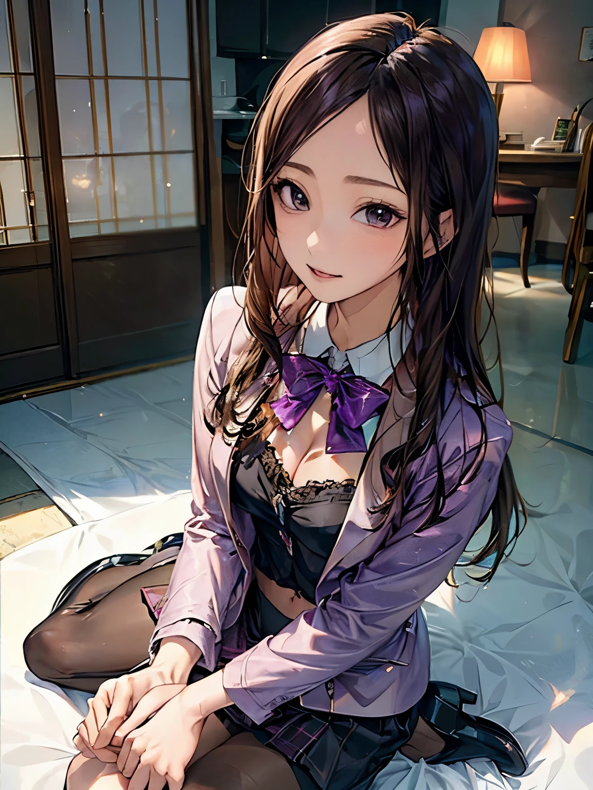 (masterpiece:1.2, top-quality), (realistic, photorealistic:1.4), beautiful illustration, (natural side lighting, movie lighting), looking down at viewer, from below:1.2, 1 girl, japanese, high school girl, perfect face, cute and symmetrical face, shiny skin, babyface, (long hair, hime style, hime cut, black hair), blunt bangs, brown eyes, big eyes, (middle breasts, seductive thighs, big ass), beautiful hair, beautiful face, beautiful detailed eyes, beautiful clavicle, beautiful body, beautiful chest, beautiful thigh, beautiful legs, beautiful fingers, five fingers, (((dark purple blazer, close clothes), white collared shirt, black plaid pleated miniskirt, dark red flat bow tie), black pantyhose), (beautiful scenery), evening, (shopping mall), walking, (lovly smile, upper eyes),(black high heels)、(full body photo, front photo)