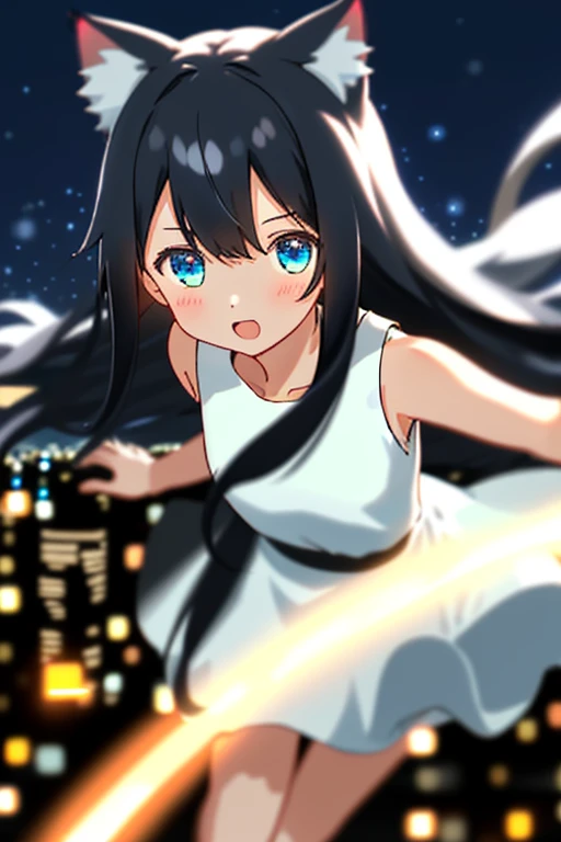 1 girl/ 😃/ cat ear/ Blue eye's/ (Black long hair)/ ((White sleeveless dress))/ Night city/ 🌌/ collarbone/ Bokeh/ Blurred Backgrounds/ depth of field/ Aerial perspective/ Face in focus/ looking at viewer/