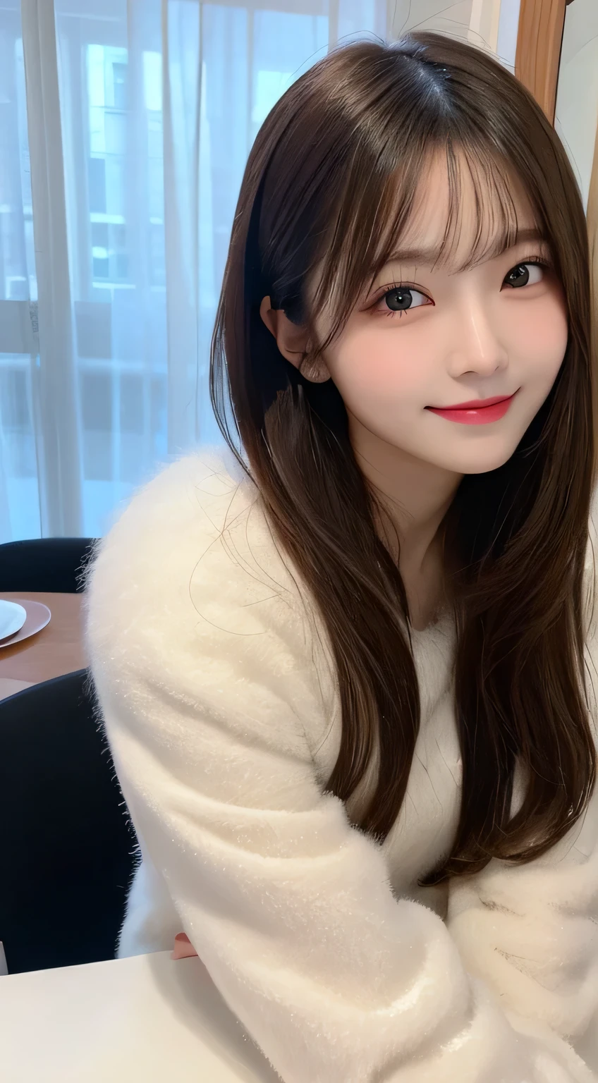 table top, highest quality, shape, Super detailed, finely, High resolution, 8k wallpaper, 完璧なダイナミックな構shape, finelyて美しい目, fluffy winter clothes,medium hair,,natural color lip, bold sexy pose,smile,mansion(room,but)、20 year old girl、cute、sexy shot looking at camera,perfect and beautiful face and fingers,take a photo close to the face