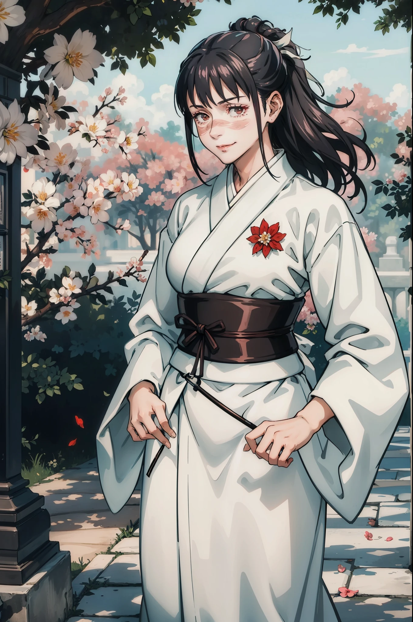 (masterpiece, best quality:1.2), Jujutsu kaisen style, Utahime Iori, (1girl, solo), (black long hair, flower ornament on hair), brown eyes, scar on face, blush, (smile:1.1), (white kimono, red hakama), looking to viewer