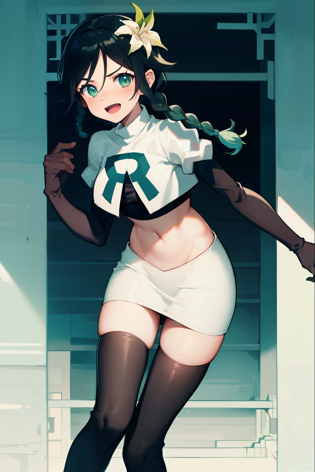 absurdres,venti,1boy, male focus, trap,black hair, green-blue hair, hair braid,hair flower,aqua green eyes,crossdressing,1boy,team rocket,team rocket uniform,white skirt,red letter R,crop top,black thigh-highs,black elbow gloves, laughing,happy, blush