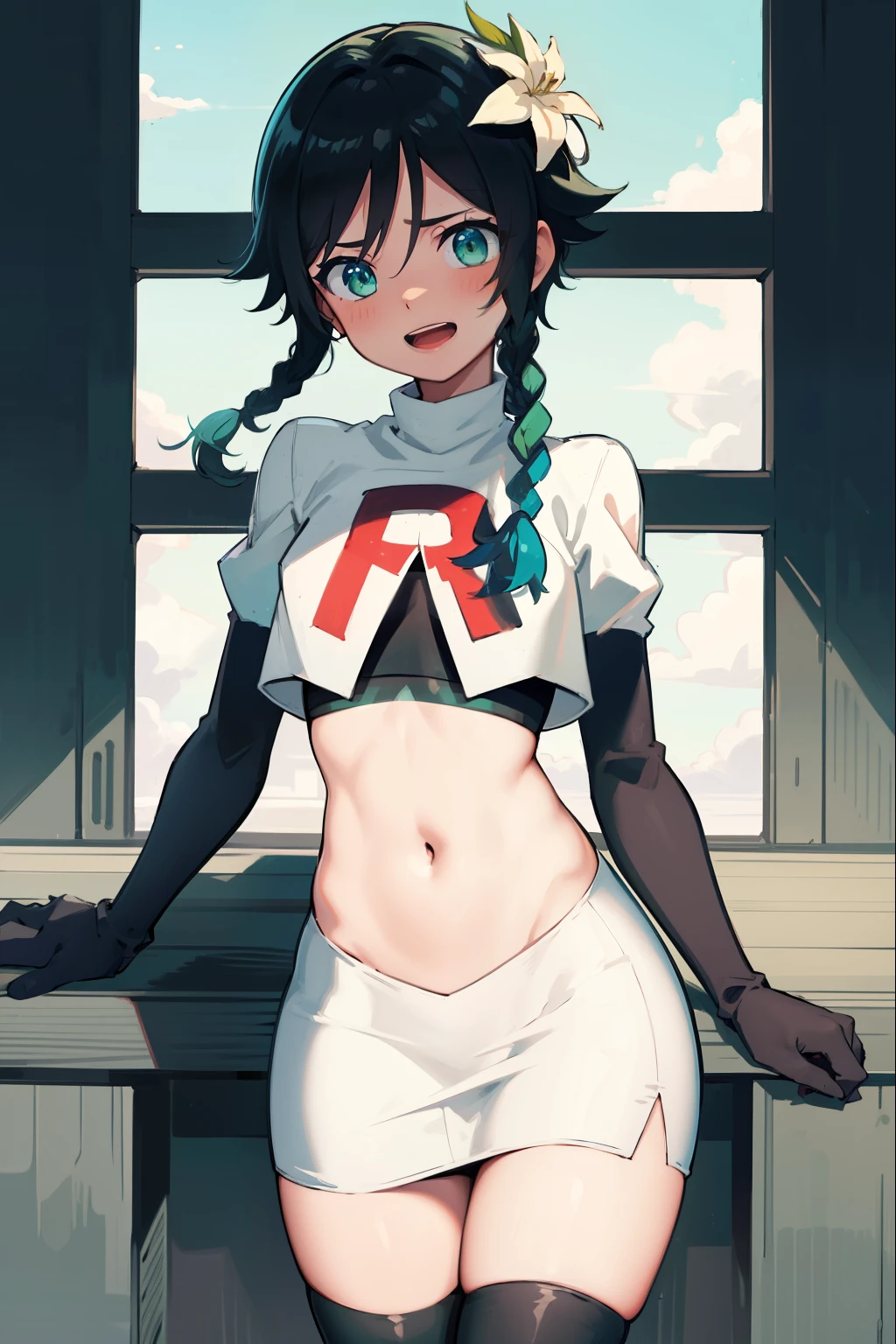 absurdres,venti,1boy, male focus, trap,black hair, green-blue hair, hair braid,hair flower,aqua green eyes,crossdressing,1boy,team rocket,team rocket uniform,white skirt,red letter R,crop top,black thigh-highs,black elbow gloves, laughing,happy, blush