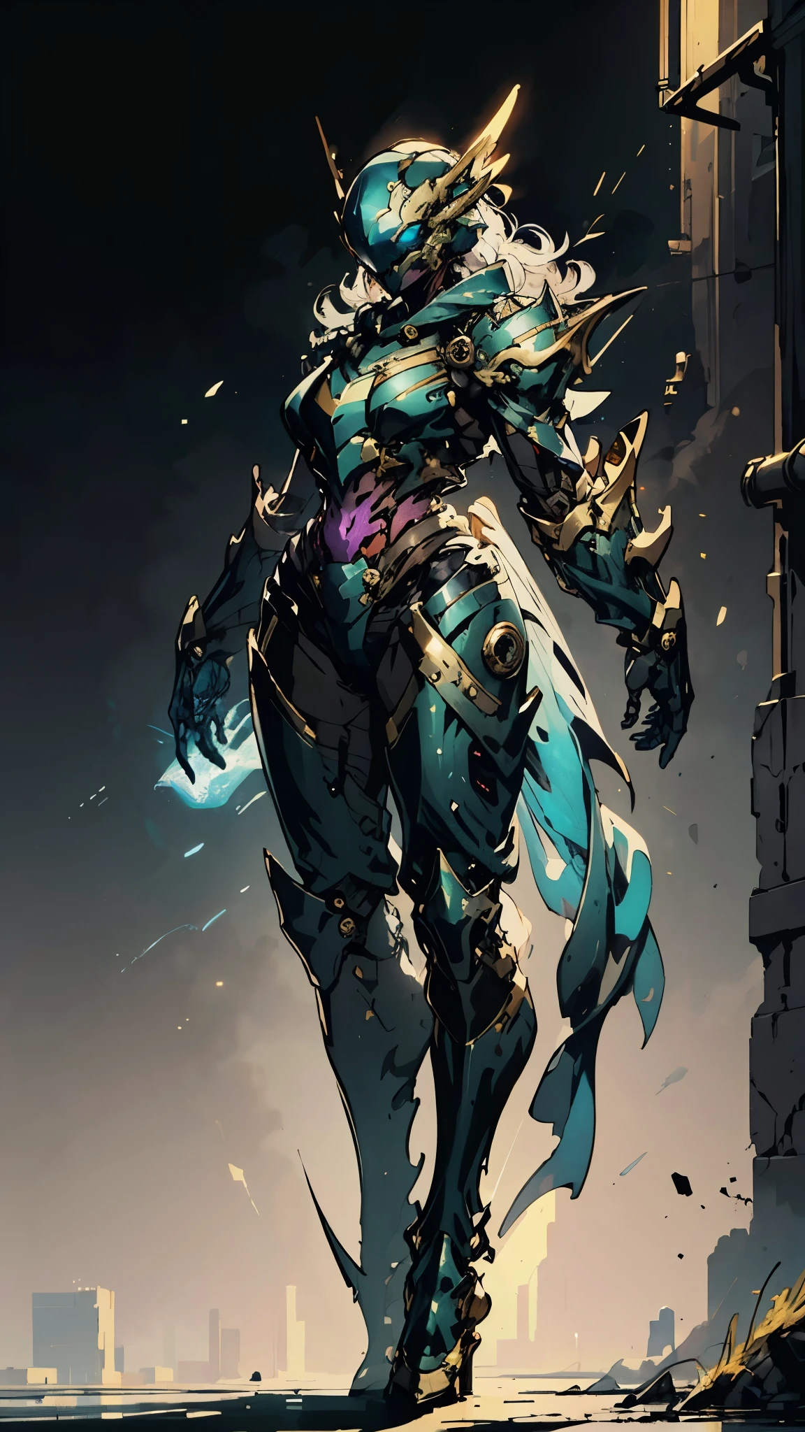A woman adorned in fantasy-style full-body armor, a crown-concept fully enclosed helmet that unveils only her eyes, a composite layered chest plate, fully encompassing shoulder and hand guards, a lightweight waist armor, form-fitting shin guards, the overall design is heavy-duty yet flexible, (the armor gleams with a golden glow, complemented by red and blue accents), exhibiting a noble aura, she floats above a fantasy-surreal high-tech city, this character embodies a finely crafted fantasy-surreal style armored hero in anime style, exquisite and mature manga art style, (mixture of Queen bee and Spider concept Armor, plasma), ((Element, elegant, goddess, femminine:1.5)), metallic, high definition, best quality, highres, ultra-detailed, ultra-fine painting, extremely delicate, professional, anatomically correct, symmetrical face, extremely detailed eyes and face, high quality eyes, creativity, RAW photo, UHD, 32k, Natural light, cinematic lighting, masterpiece-anatomy-perfect, masterpiece:1.5