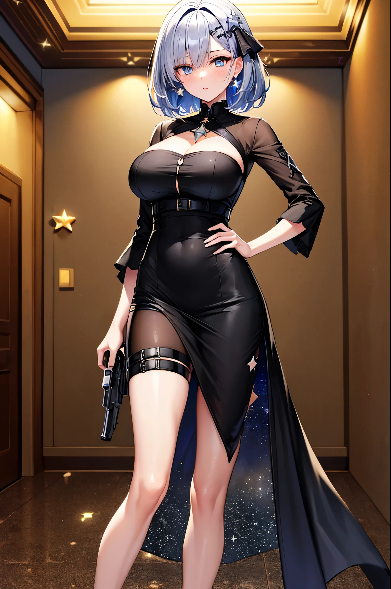 1 girl standing、whole body、silver medium hair、Metal Hair Ornament、golden eyes:1.3、(Eyes are star marks:1.8)、No expression、chest、big breasts、I&#39;m at a food and drink party venue:1.3、Black Party Dresses:1.5、black high heels、Holster on left thigh:1.5、 hold a gun:1.3、pistol、(pistolをchestの前で斜めに持ちます)、 Right hand fingers are on the trigger:1.6、Left hand on hip、4k, high quality