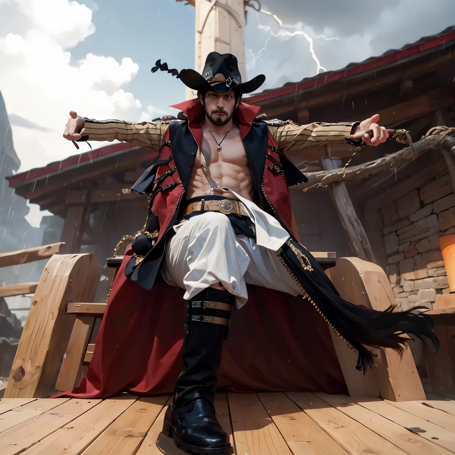 (((frown))), (andic style poster), 1 man, , (Cowboy shots in anime_upon_hell_One Piece character Mihawk sitting on a chair_my wife), athletic, scenery, alone, sitting in a luxurious chair, ,www.my wife.and,1 boy,have,facial hair,jewelry,beard,necklace,abs,black hair,yellow eyes,belt,moustache,coat,muscular,pants,Pectoral muscle,Open clothes,cross,goatee,pirate have,cross necklace,long sideburns,sideburns,cape,Open coat,bare Pectoral muscle,short hair,black hat,meanwhile,spike hair,manly,Tight,fur trim,stubble,latin cross,long coat,belly button,Jacket,Open_Jacket,topless man,have_feather,white_pants,thick_Eyebrow, (long flowing cape), night, outdoors, rain, Severe, dark atmosphere, lightning, detailed background, (art:Frank Miller), ((karate)), masterpiece, Looks grumpy, (realistic:1.3), muscular:1.2, perfect lighting, perfect shading, (realistic fabric texture), volume shading, Scattered beneath the surface, hyperrealistic, dynamic pose, dynamic movement, (photorealistic:1.5),