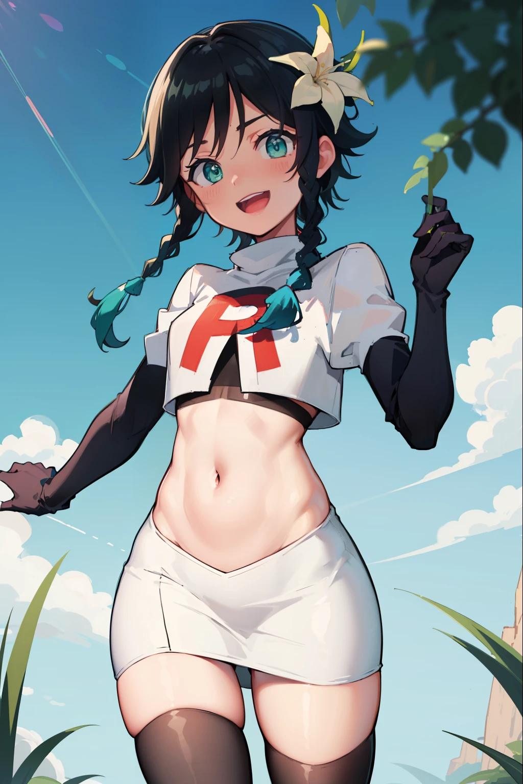 absurdres,venti,1boy, male focus, trap,black hair, green-blue hair, hair braid,hair flower,aqua green eyes,crossdressing,1boy,team rocket,team rocket uniform,white skirt,red letter R,crop top,black thigh-highs,black elbow gloves, laughing,happy, blush