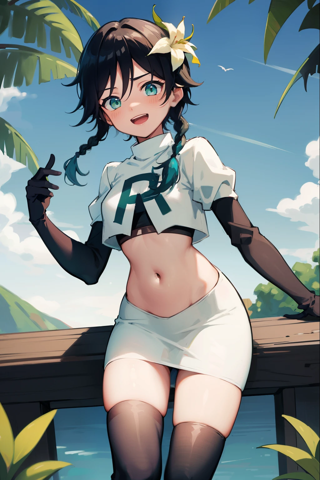 absurdres,venti,1boy, male focus, trap,black hair, green-blue hair, hair braid,hair flower,aqua green eyes,crossdressing,1boy,team rocket,team rocket uniform,white skirt,red letter R,crop top,black thigh-highs,black elbow gloves, laughing,happy, blush