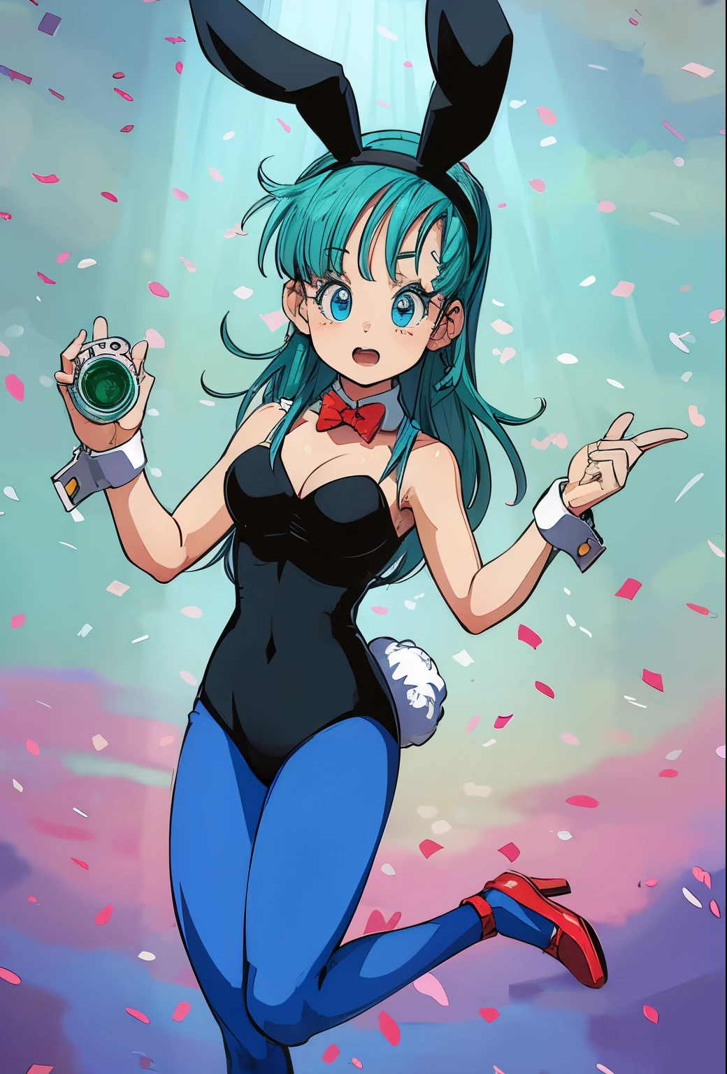 Bunny outfit Bulma sitting and reaching out to the air to her side.