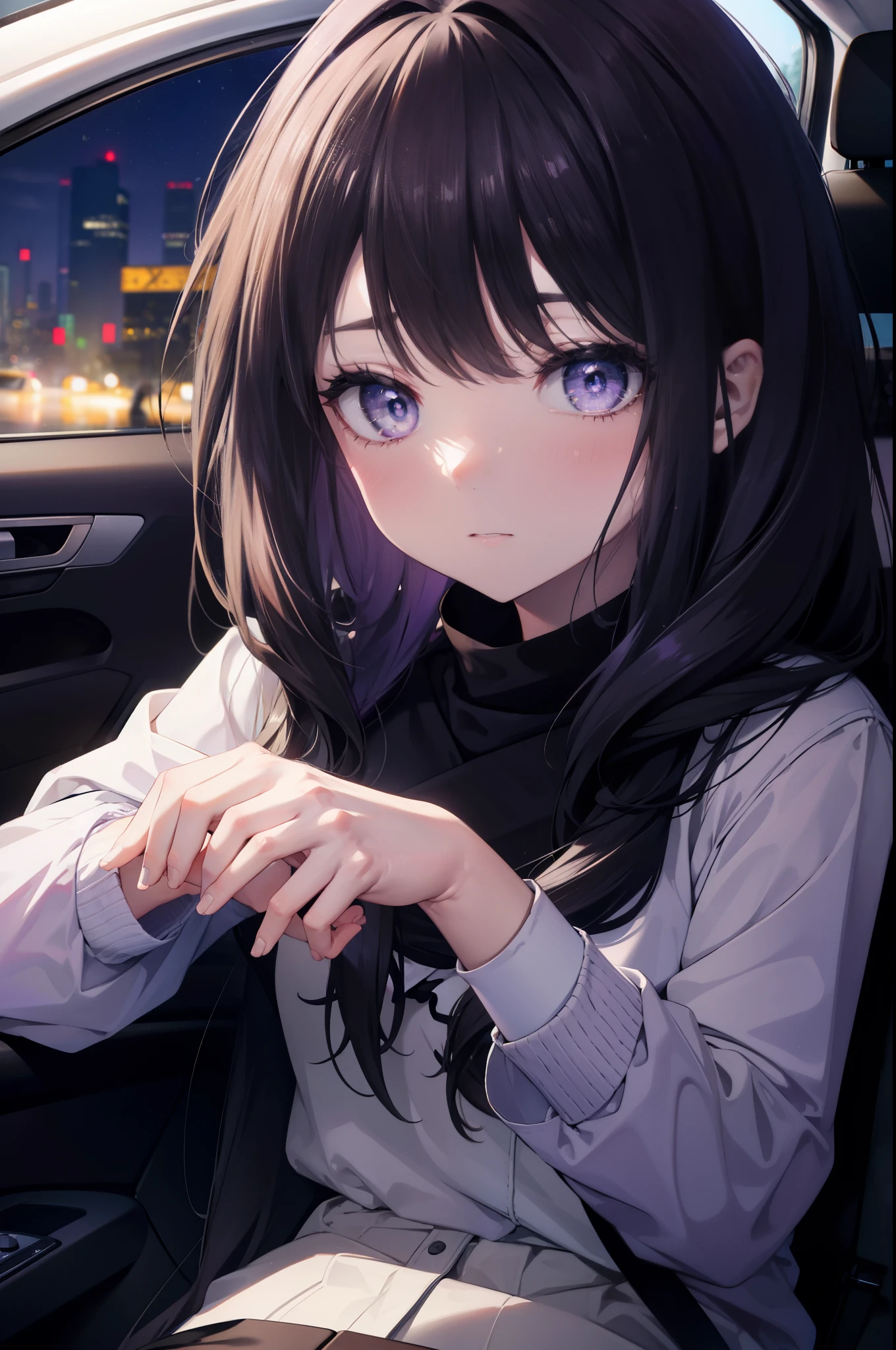 Takiuchi Kame, check it out, long hair, bangs, black hair, (purple eyes:1.2),smile,sweater,shorts,Sitting in the driver's seat of a car,holding the steering wheel,
black hairの女の子が運転する car, volvo v60 interior, Gonzo from the passenger seat, looking at the driver, anime girl driving, at night,
break indoors, Inside the car,
break (masterpiece:1.2), highest quality, High resolution, unity 8k wallpaper, (figure:0.8), (detailed and beautiful eyes:1.6), highly detailed face, perfect lighting, Very detailed CG, (perfect hands, perfect anatomy),