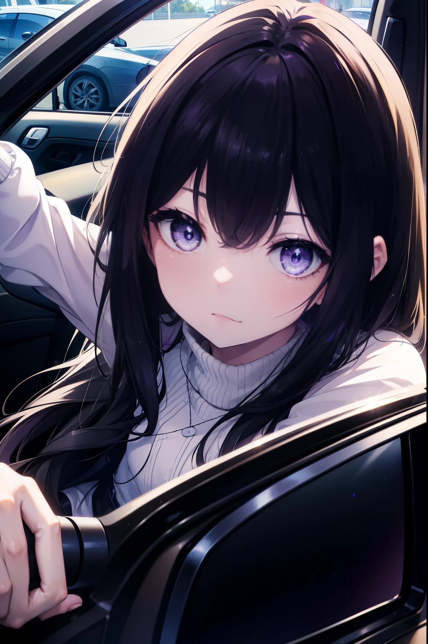 Takiuchi Kame, check it out, long hair, bangs, black hair, (purple eyes:1.2),sweater,shorts,Sitting in the driver's seat of a car,
black hairの女の子が運転する car, volvo v60 interior, Gonzo from the passenger seat, looking at the driver, anime girl driving, at night,
break indoors, Inside the car,
break (masterpiece:1.2), highest quality, High resolution, unity 8k wallpaper, (figure:0.8), (detailed and beautiful eyes:1.6), highly detailed face, perfect lighting, Very detailed CG, (perfect hands, perfect anatomy),