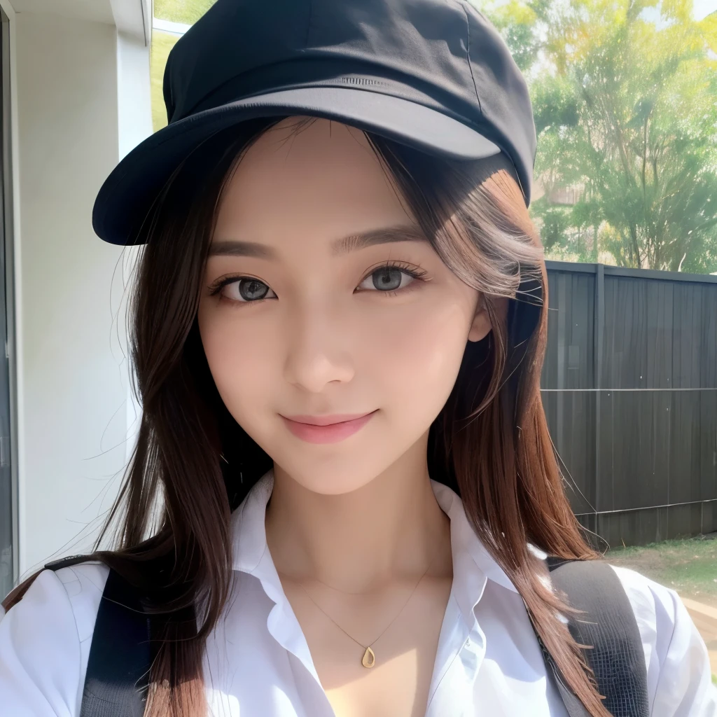 instagram photo, closeup face photo of 23 y.o Chloe in transparant teacher uniform, cleavage, pale skin, (smile:0.4), hard shadows, running, after shower with wet hair, sexy vibe, curly long hair, wear hat