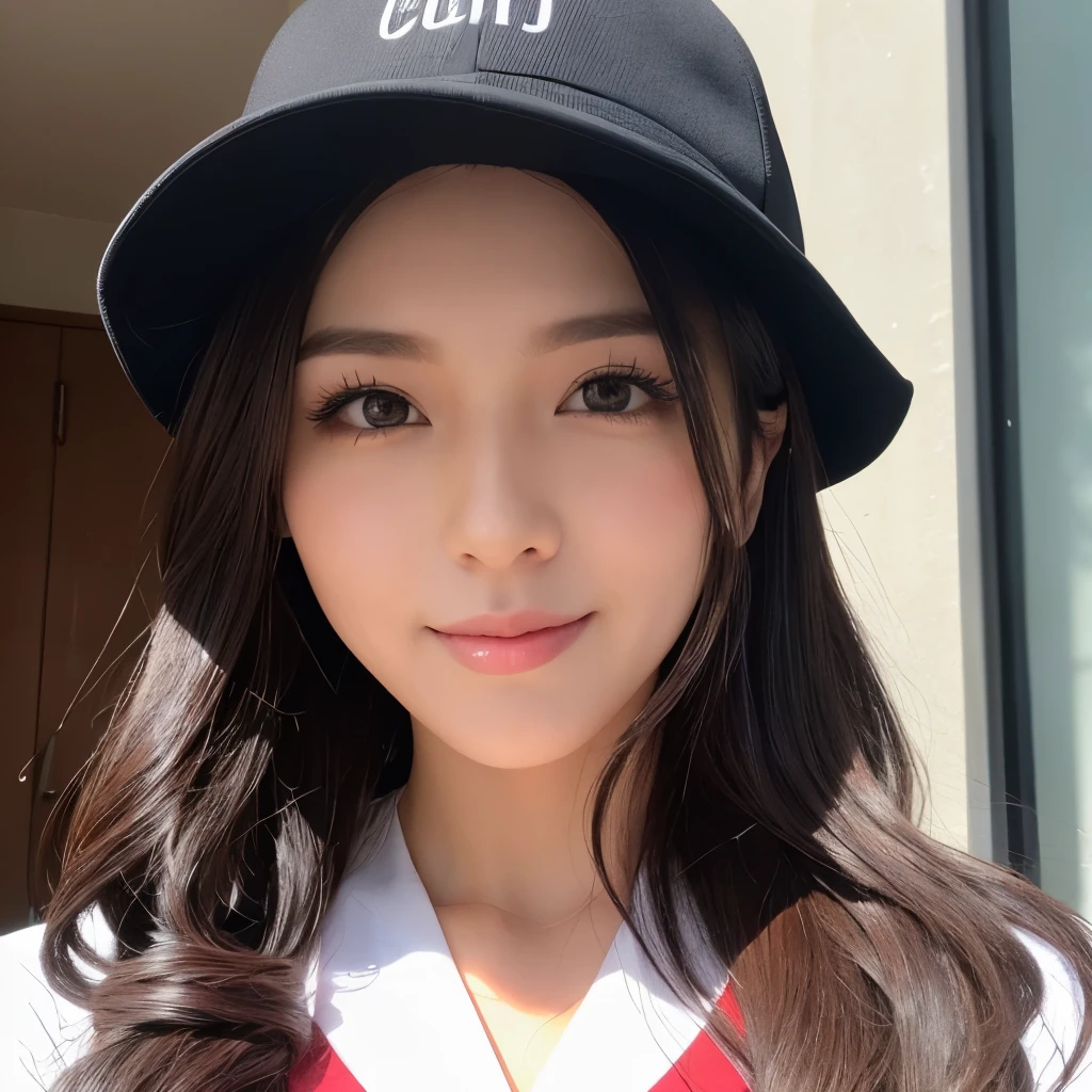 instagram photo, closeup face photo of 23 y.o Chloe in transparant teacher uniform, cleavage, pale skin, (smile:0.4), hard shadows, running, after shower with wet hair, sexy vibe, curly long hair, wear hat