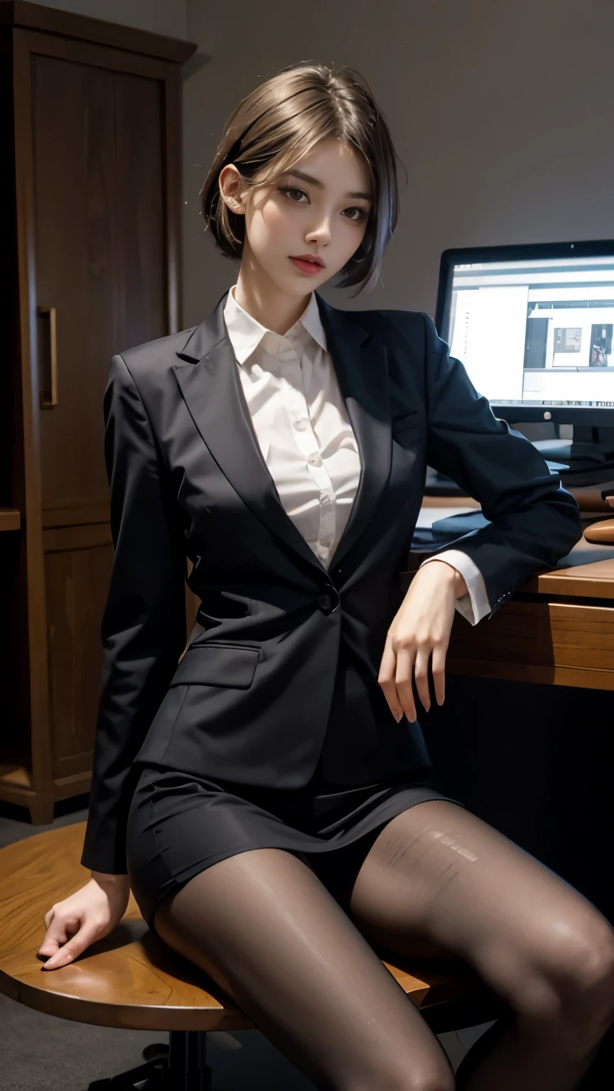 (Masterpiece), ((Best quality)), (Masterpiece,Best quality,offcial art,Extremely detailed Cg Unity 8K wallpaper), , Beauty photo, A lady，solo,Elegant upper-class elite secretary in a business shirt,Perfect look，Double eyelid eyes，Delicate makeup， working in an office,wearing a strict business suit, Wear pantyhose,Wear high-end heels,Girl in shirt, dressed in a suit, huge tit,full bodyesbian,dressed in a suit, dressed in a suit, merchant, Business clothes, wearing black suits, Wear a shirt and skirt, Woman in a suit, Business attire，Computer chair，Seated，Erlang legs，high-heels，view the viewer，brightly，Complicated details，foot focus,from below,cool beauty,tall girl,short hair,Precisely expresses details such as face and skin texture,beautiful eye, double eyelid,delicate skin,slender body shape,alone,big breasts,